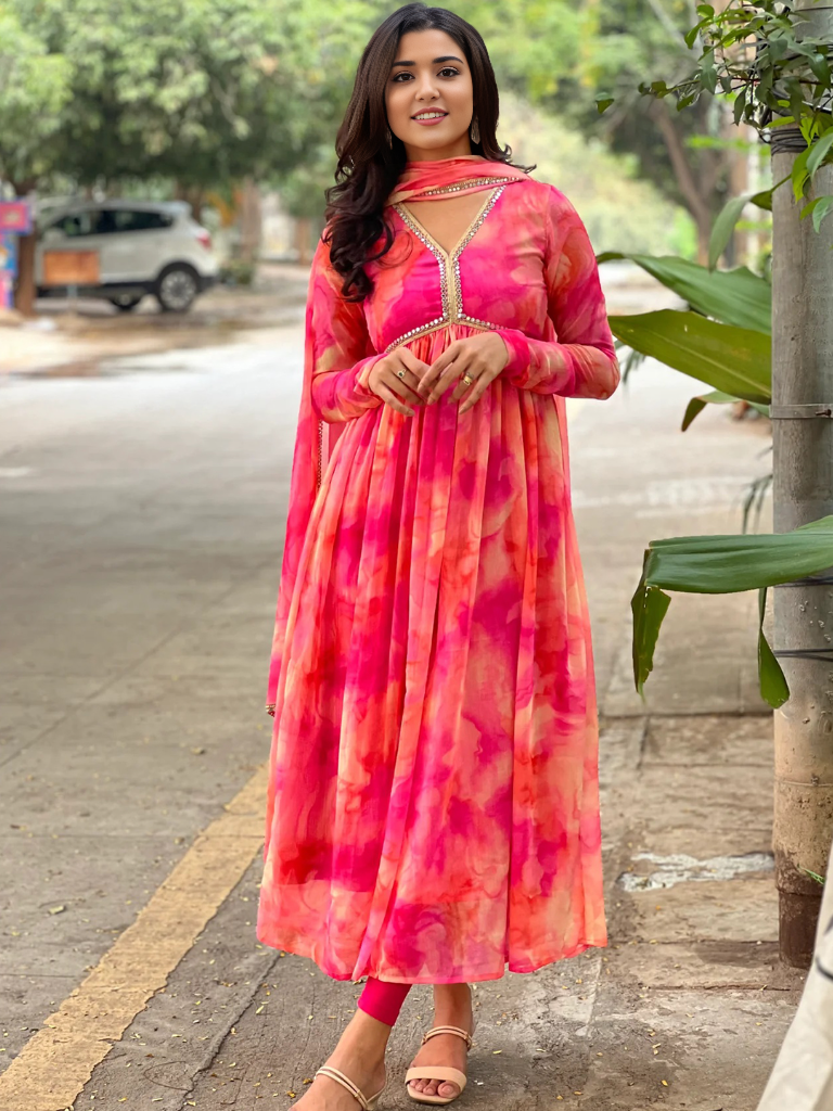 Tie & Dye Printed Gown With Dupatta Set