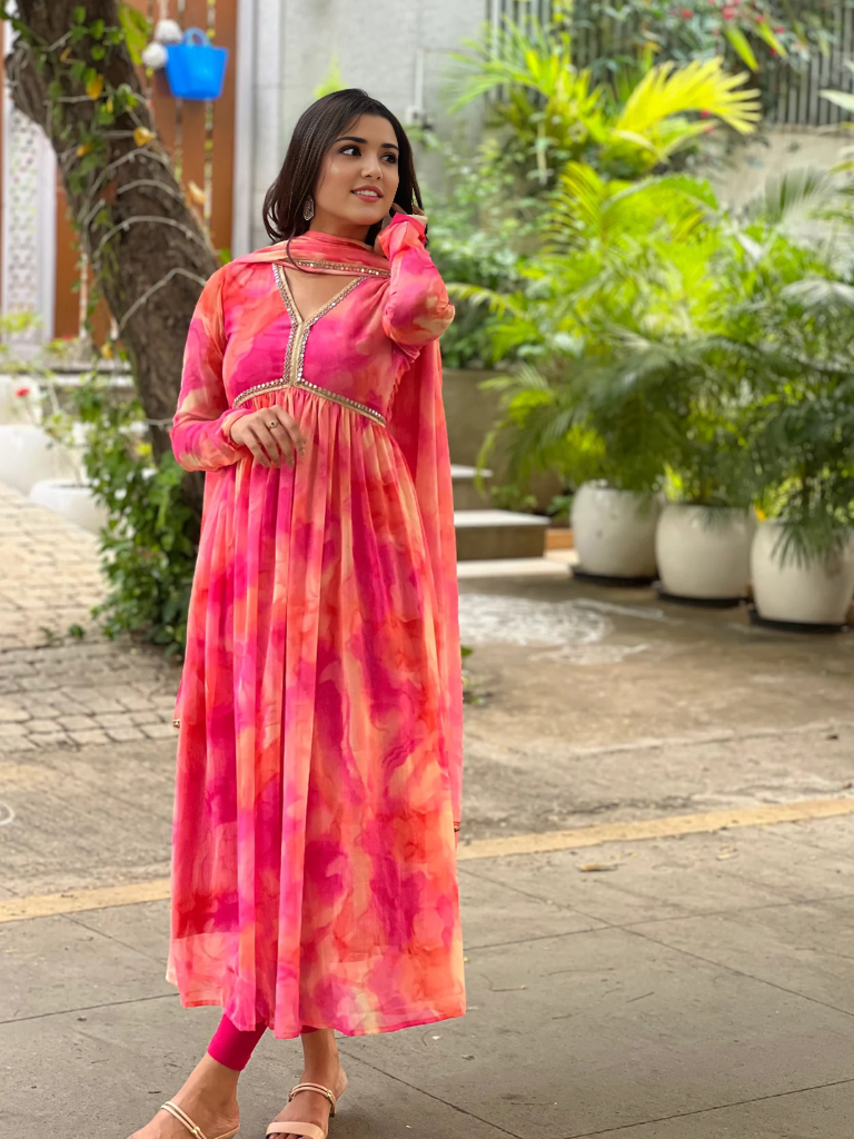 Tie & Dye Printed Gown With Dupatta Set