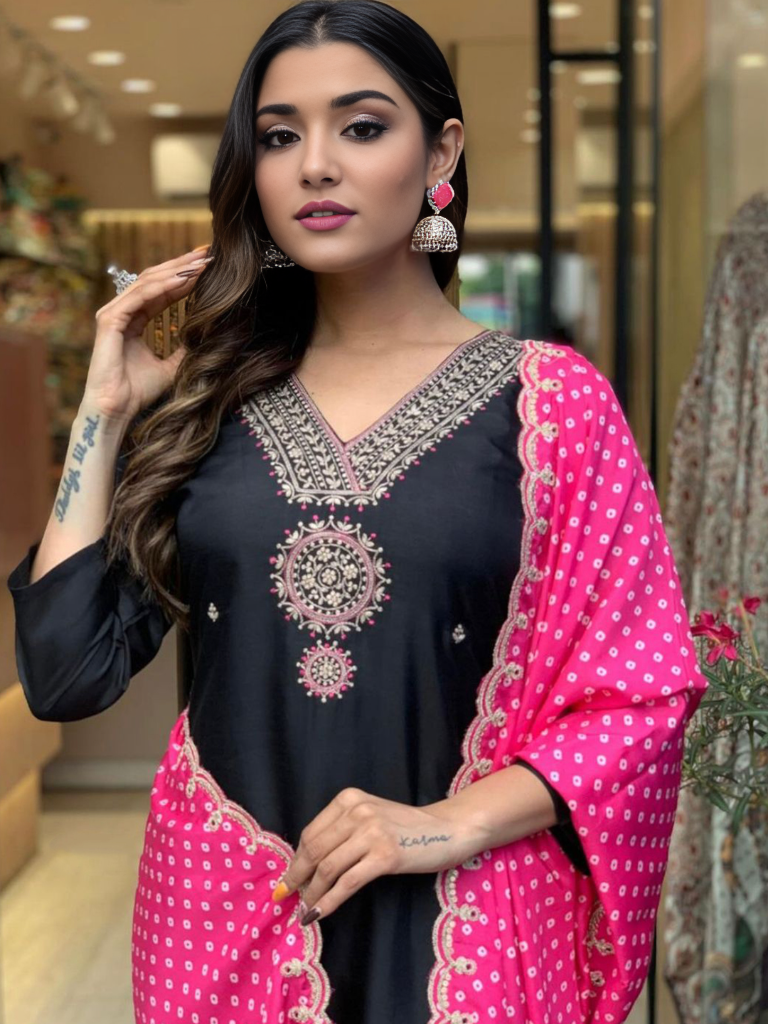 Black Embellished Kurta Dupatta Set