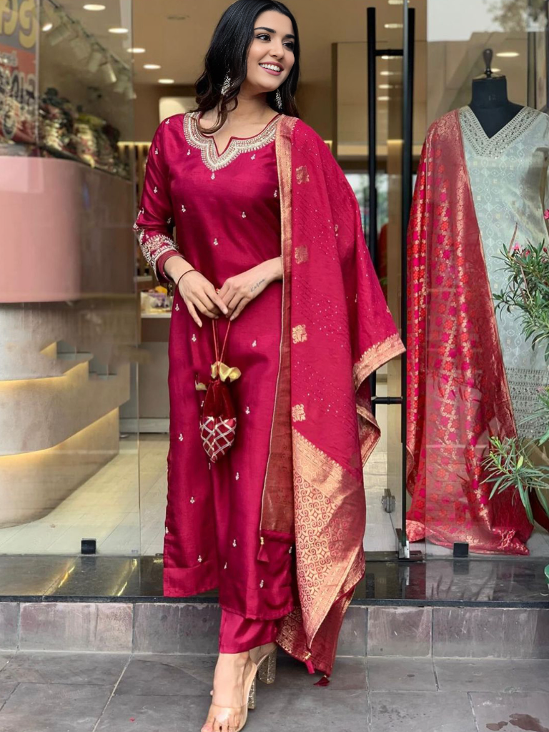 Maroon Embellished Kurta Set