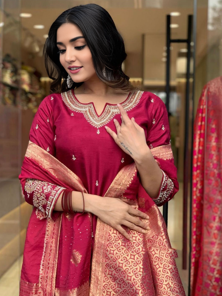 Maroon Embellished Kurta Set