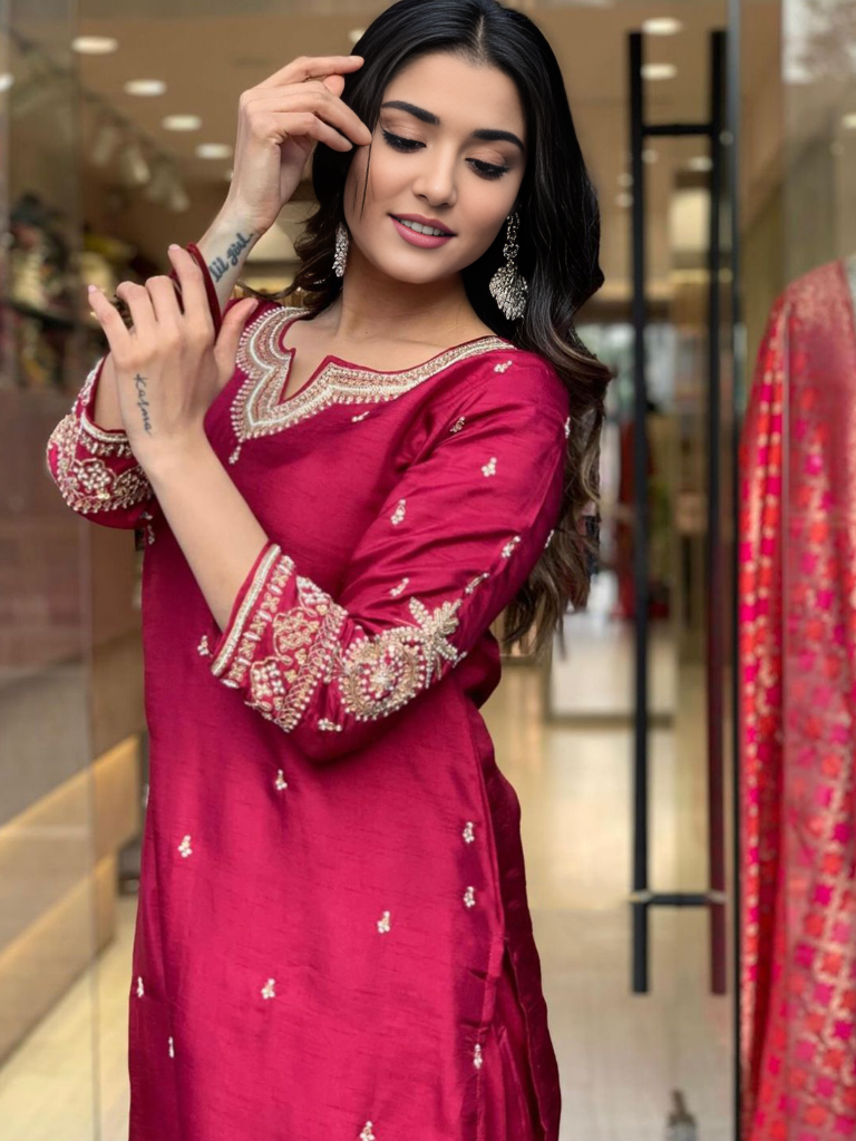 Maroon Embellished Kurta Set