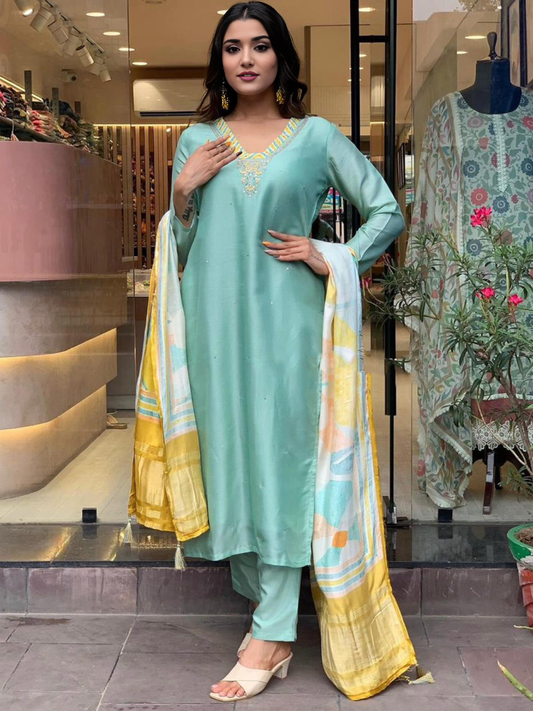 Sea Green Kurta With Bottom & Dupatta Set