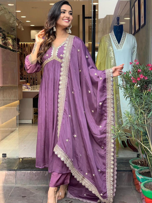 Mauve Colour  Embellished V-Neck Kurta set