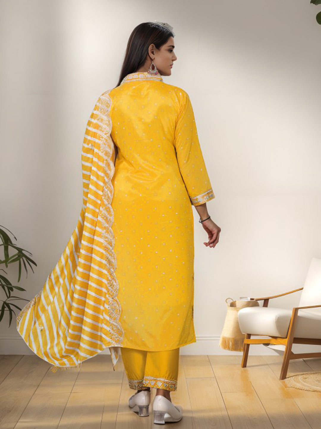 Embellished V-Neck Kurta WIth Bottom & Dupatta Set