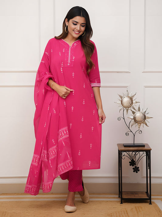 Pink Colour Pure Cotton printed Kurta Set