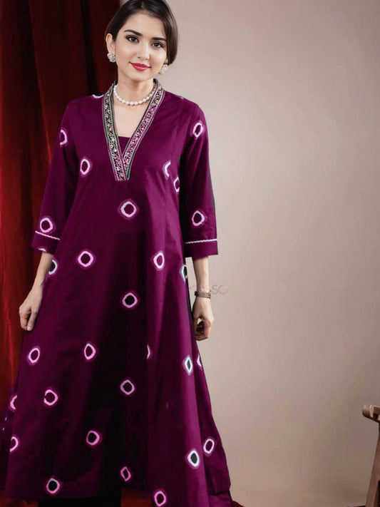 Wine Color Pure Cotton Printed Kurta Set