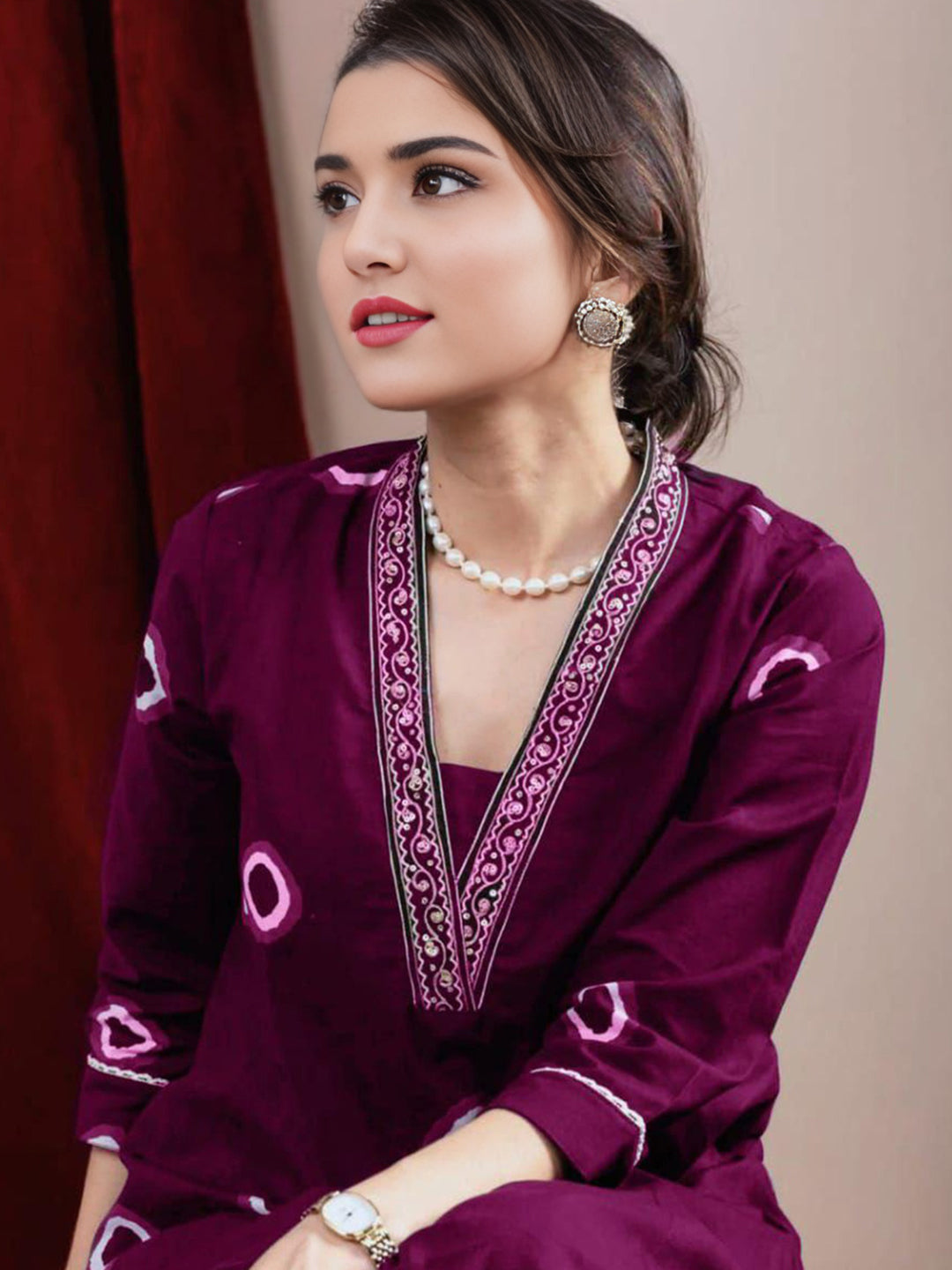 Wine Color Pure Cotton Printed Kurta Set