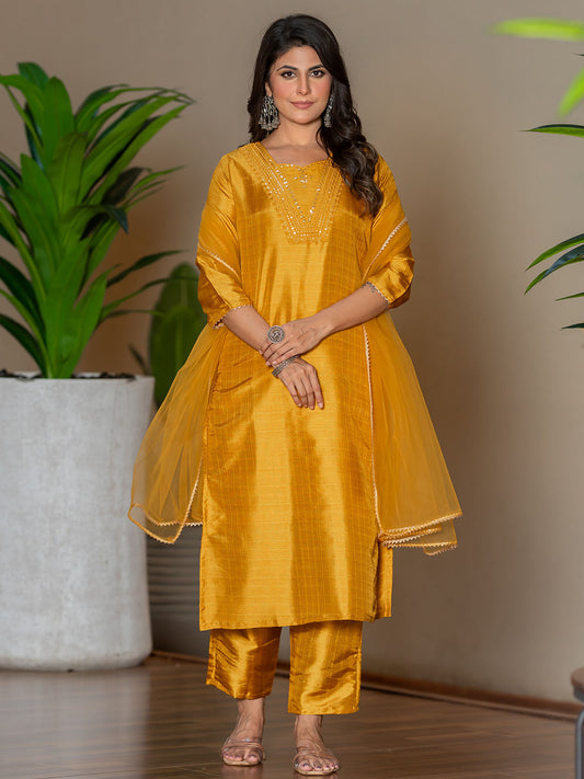 Yellow Polyester Silk Kurta Set