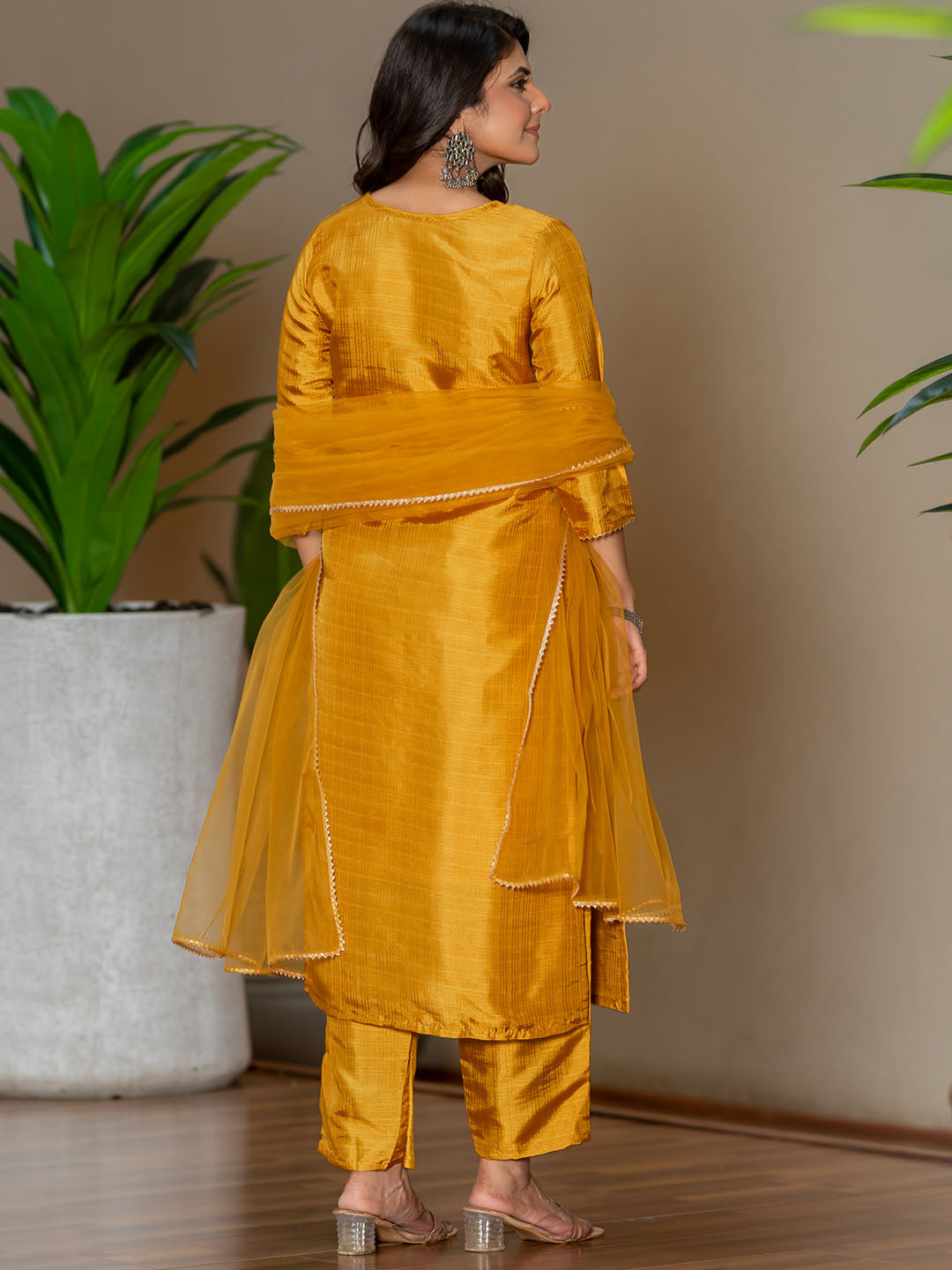 Yellow Polyester Silk Kurta Set