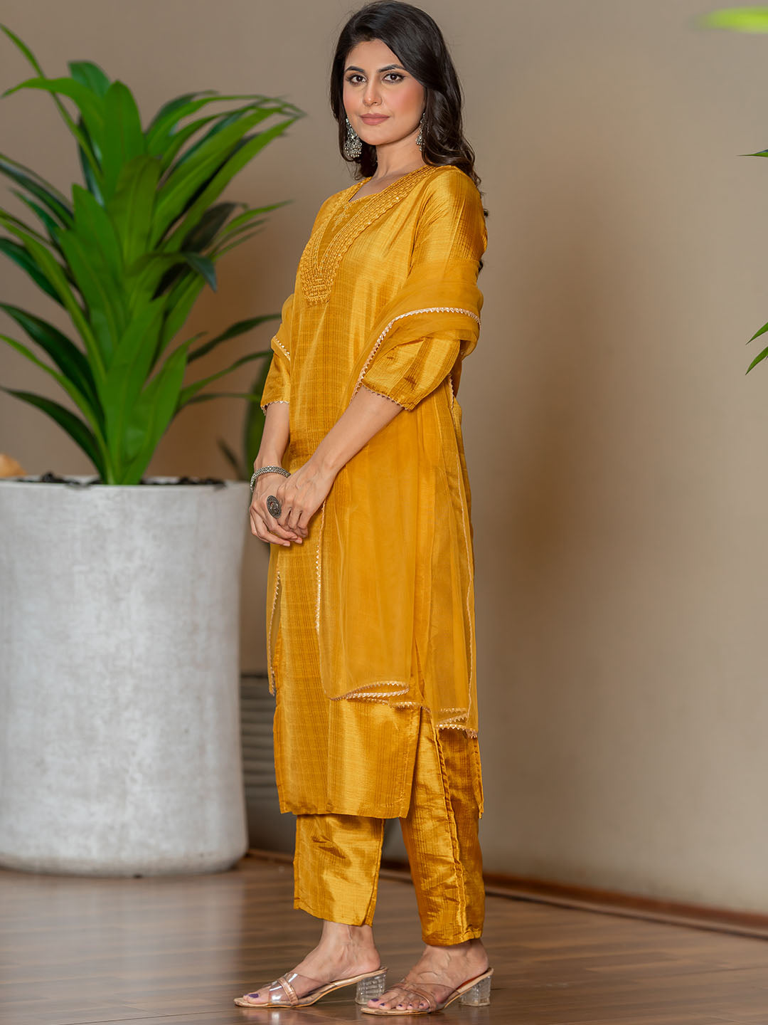 Yellow Polyester Silk Kurta Set