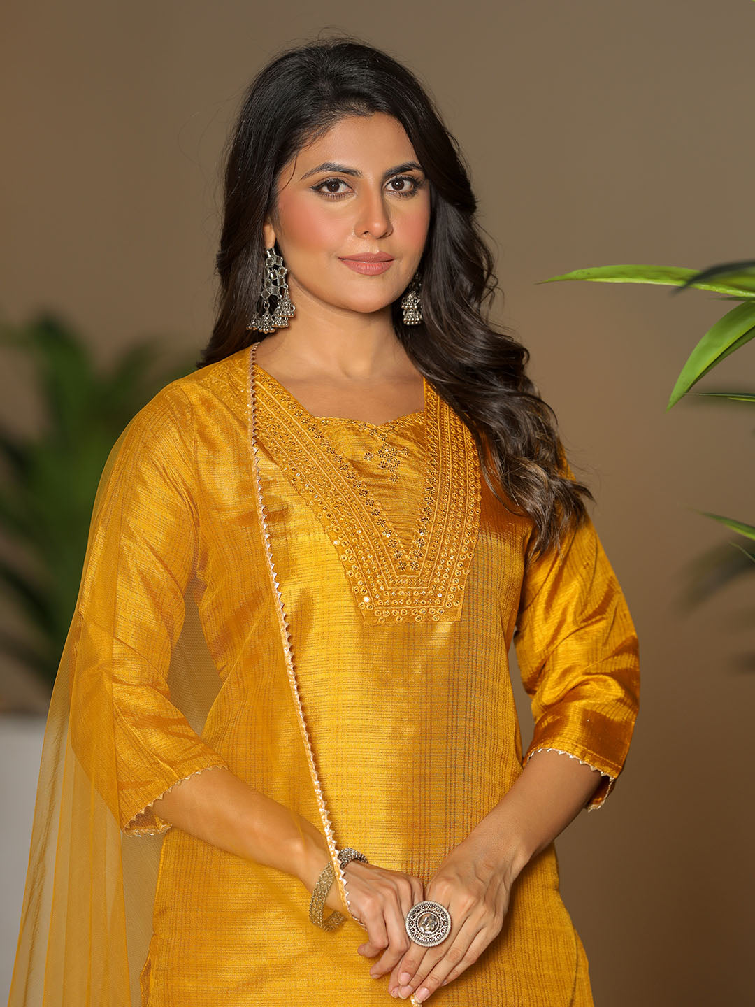 Yellow Polyester Silk Kurta Set