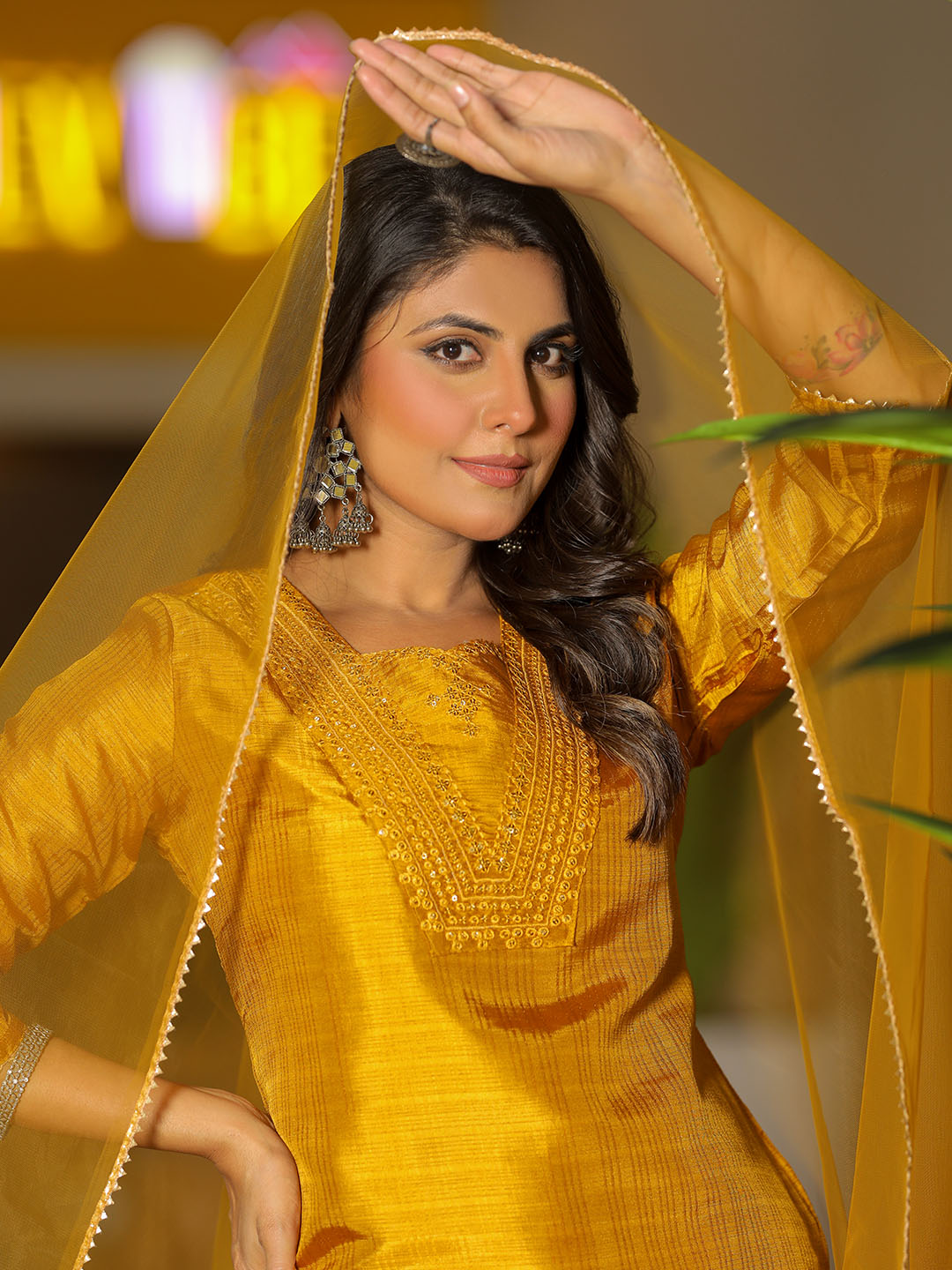 Yellow Polyester Silk Kurta Set