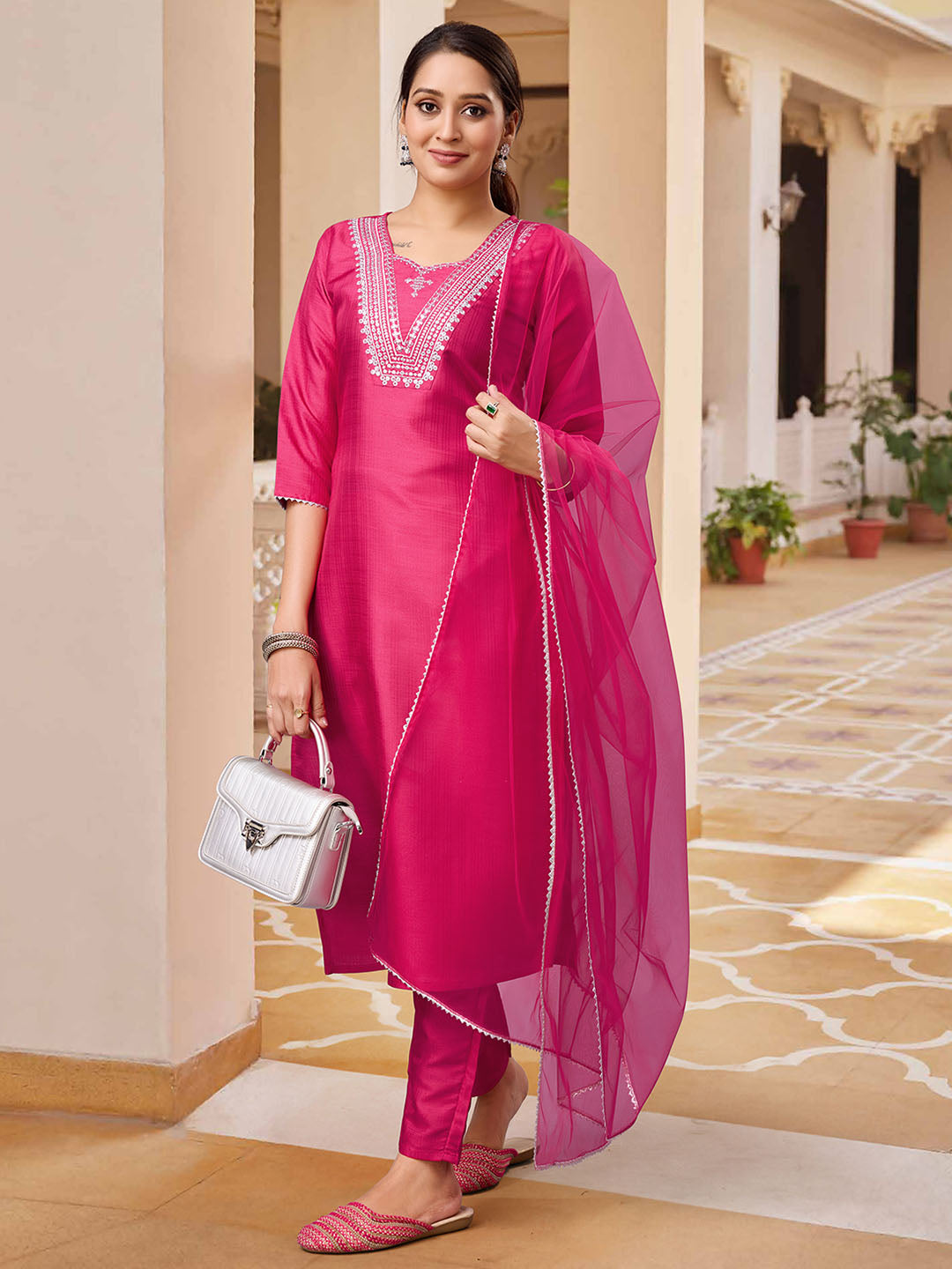 Pink Polyester Silk Kurta Set