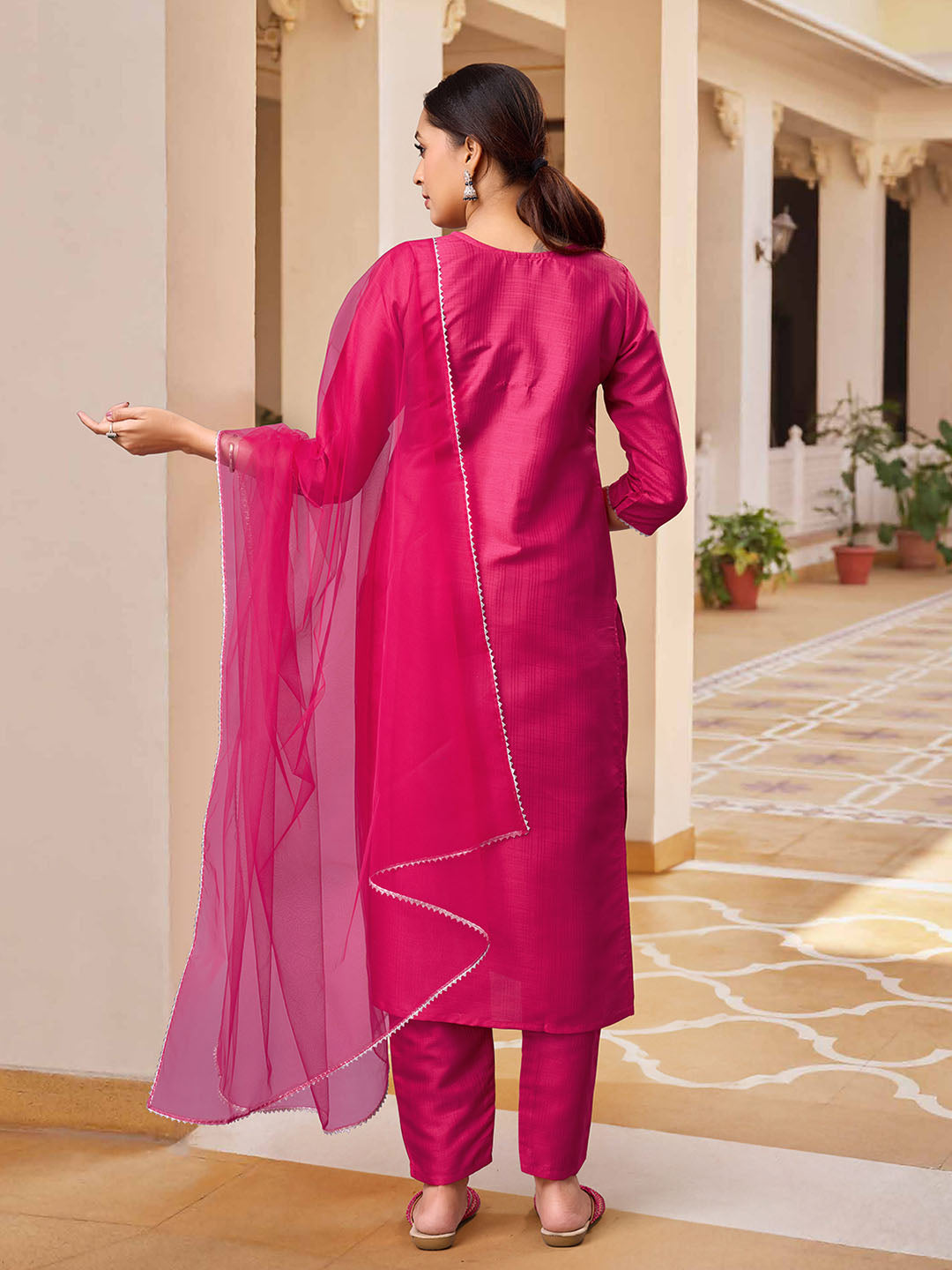 Pink Polyester Silk Kurta Set