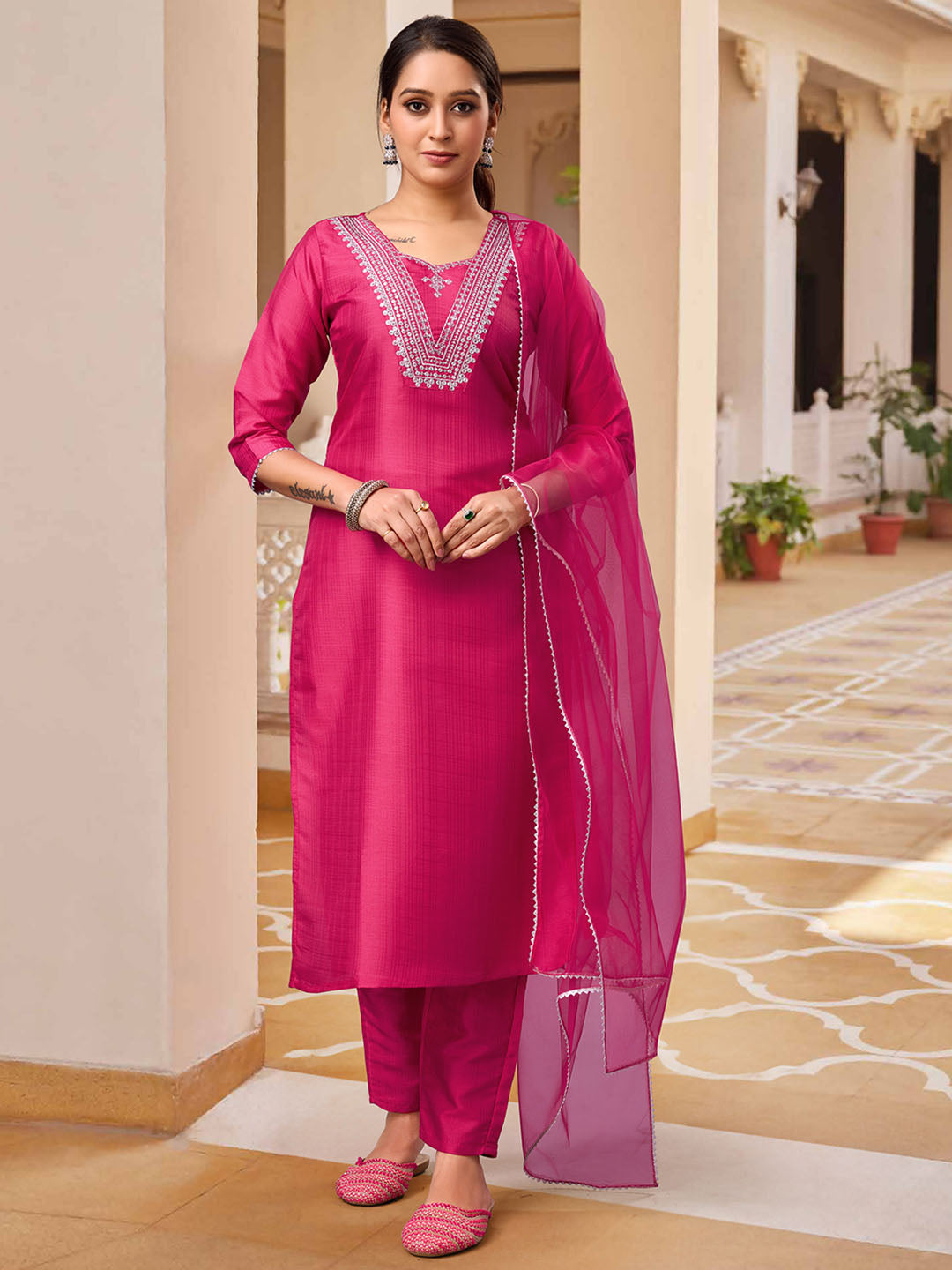 Pink Polyester Silk Kurta Set