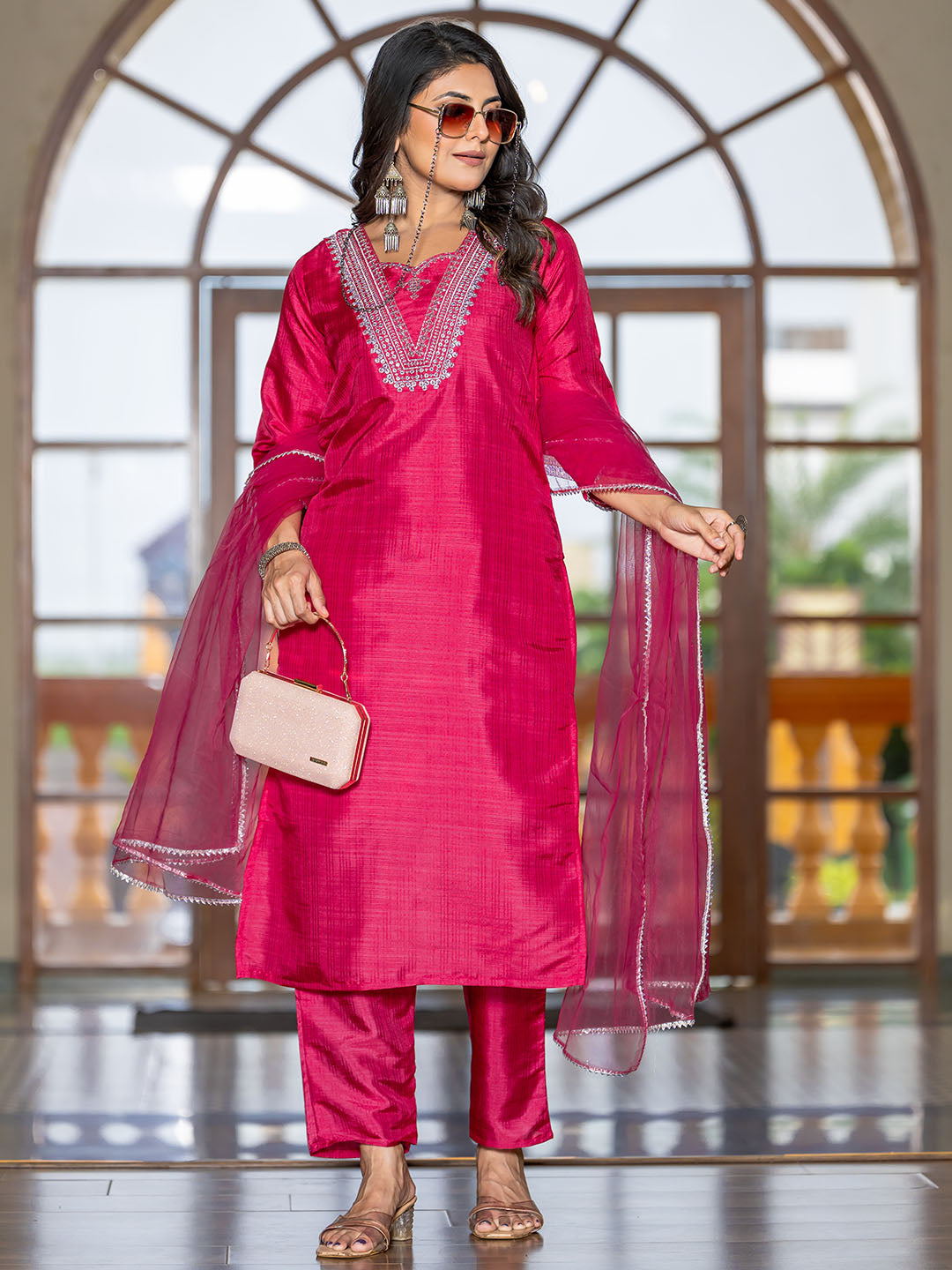 Pink Colour Polyester Silk Kurta Set