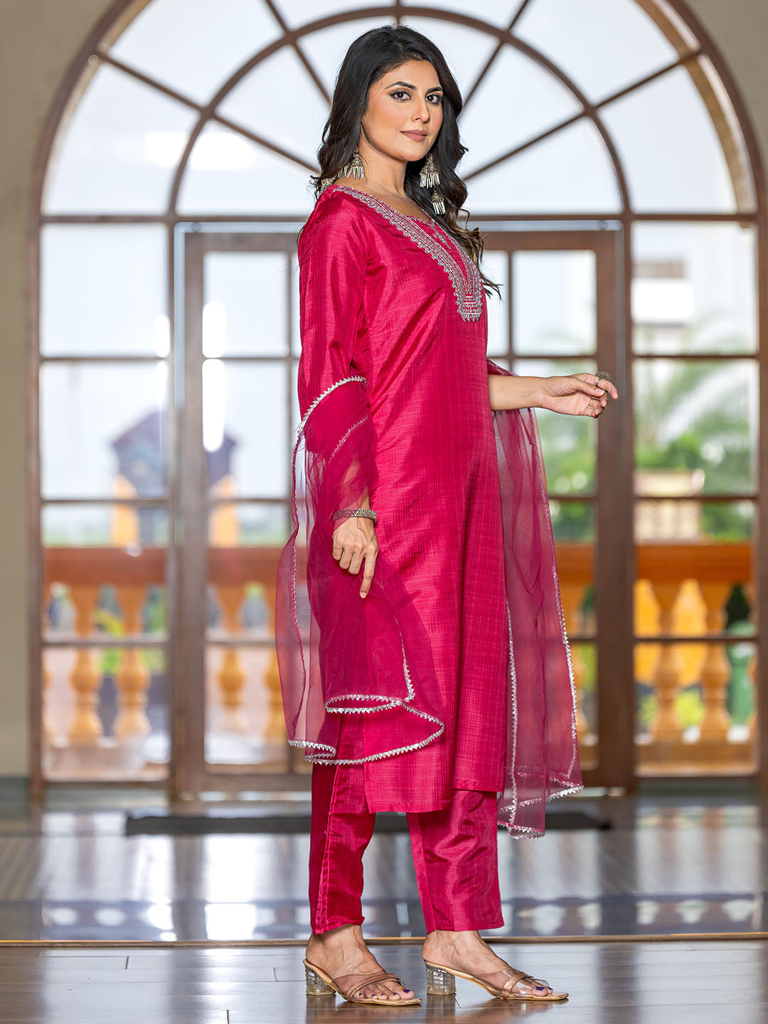 Pink Colour Polyester Silk Kurta Set