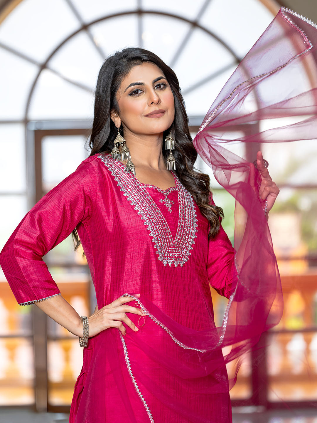 Pink Colour Polyester Silk Kurta Set