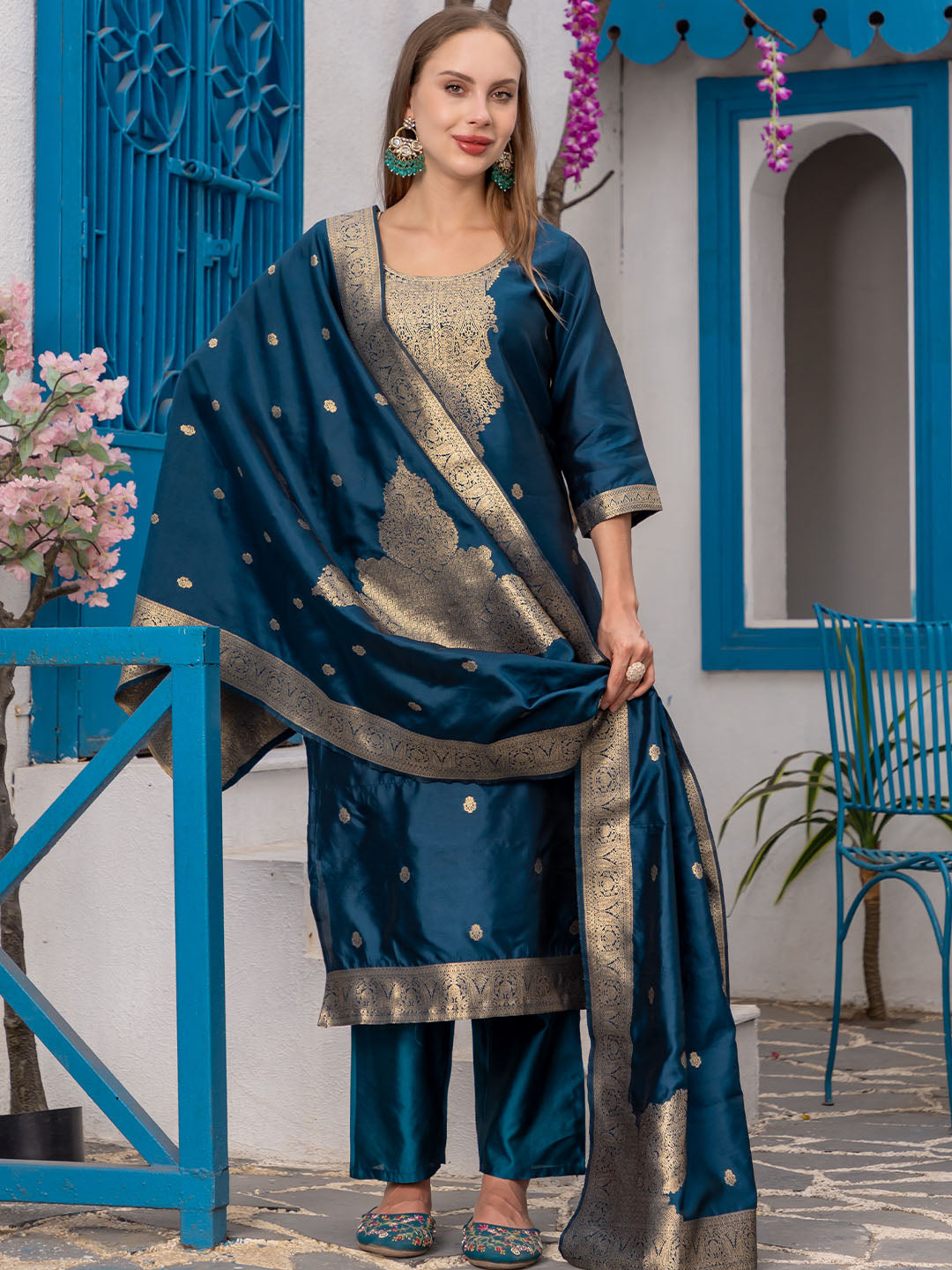 Teal Colour Polyester Blend Kurta Set