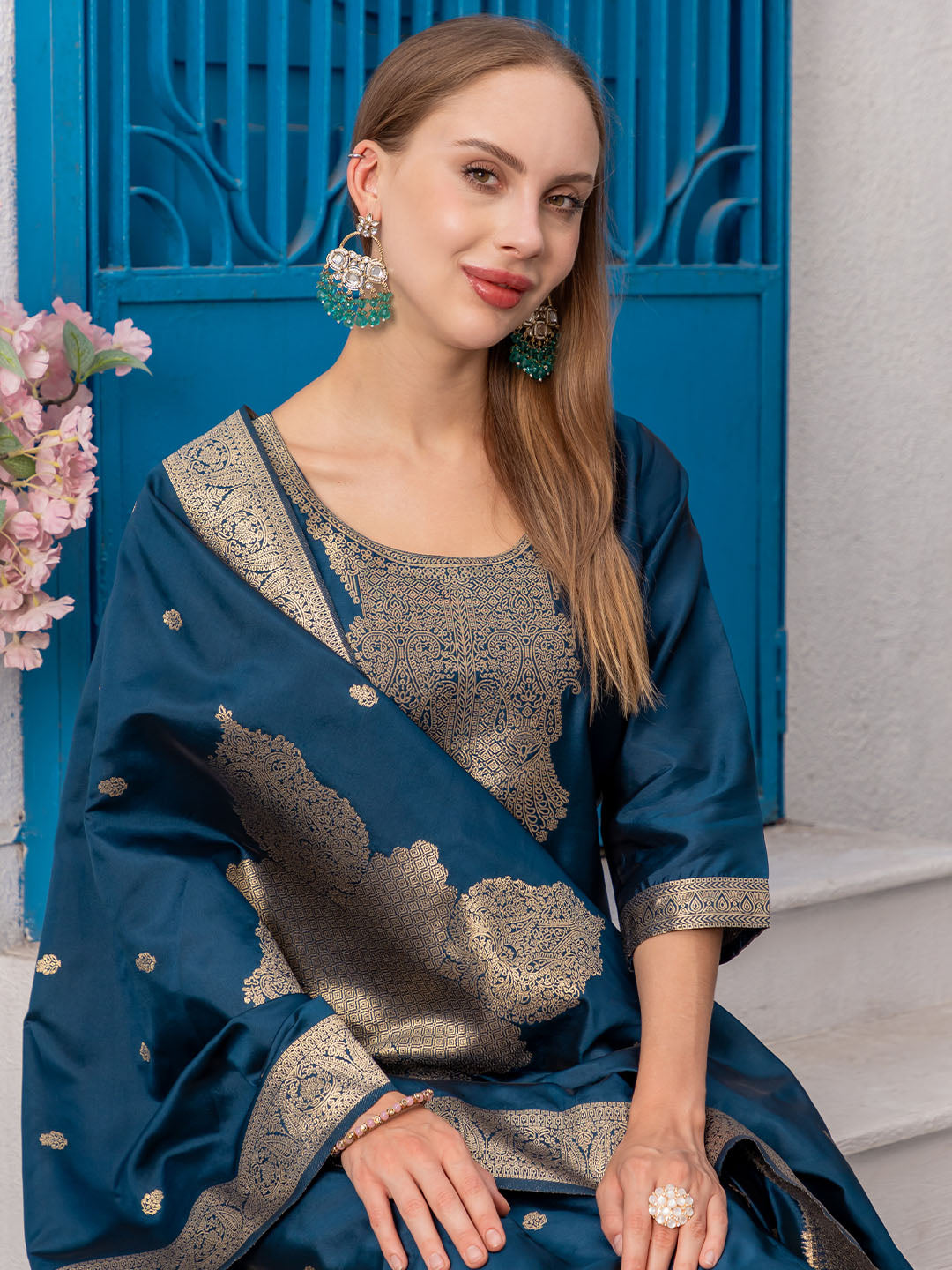 Teal Colour Polyester Blend Kurta Set