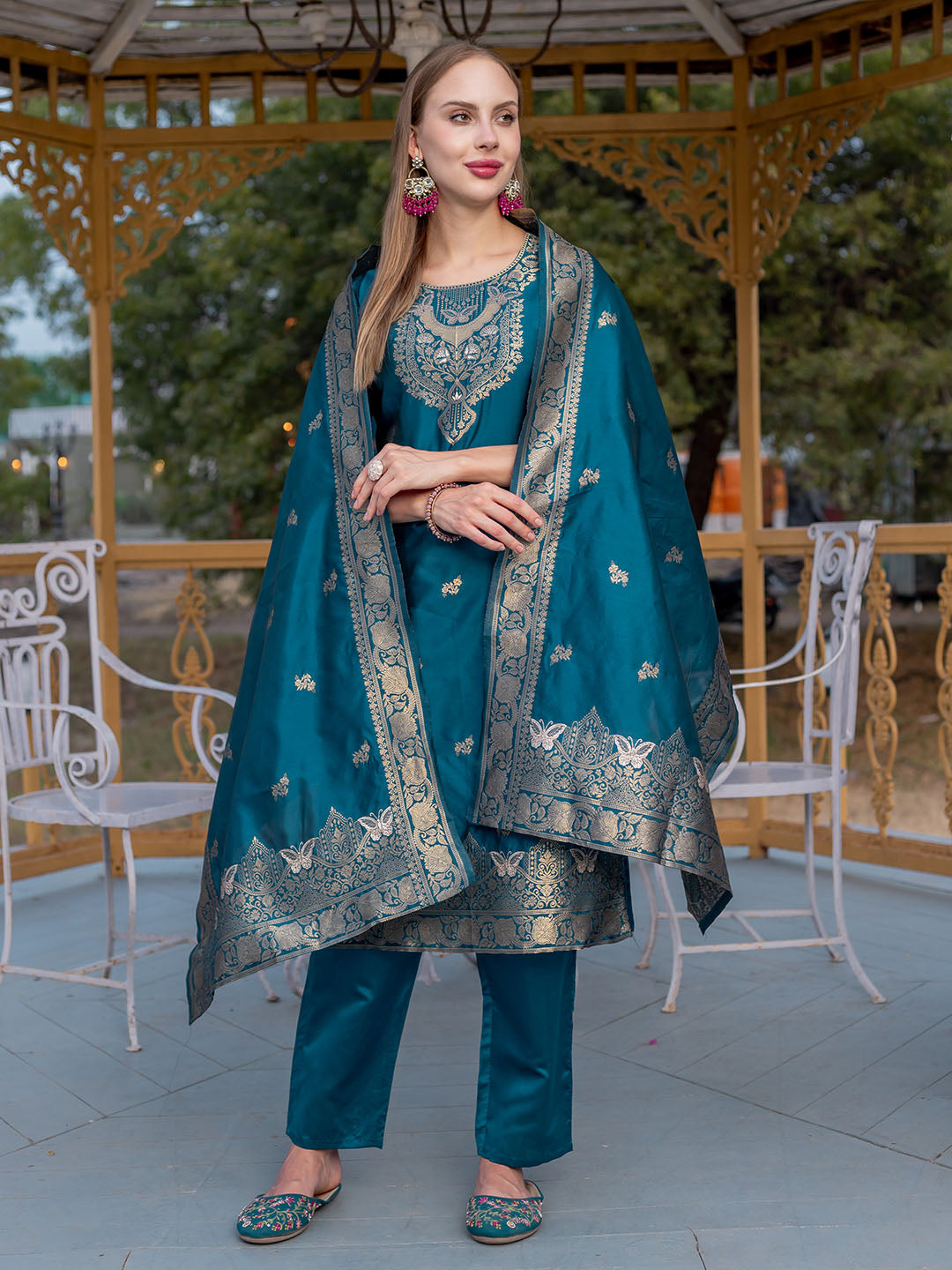 Turquoise Colour Polyester Blend Kurta Set