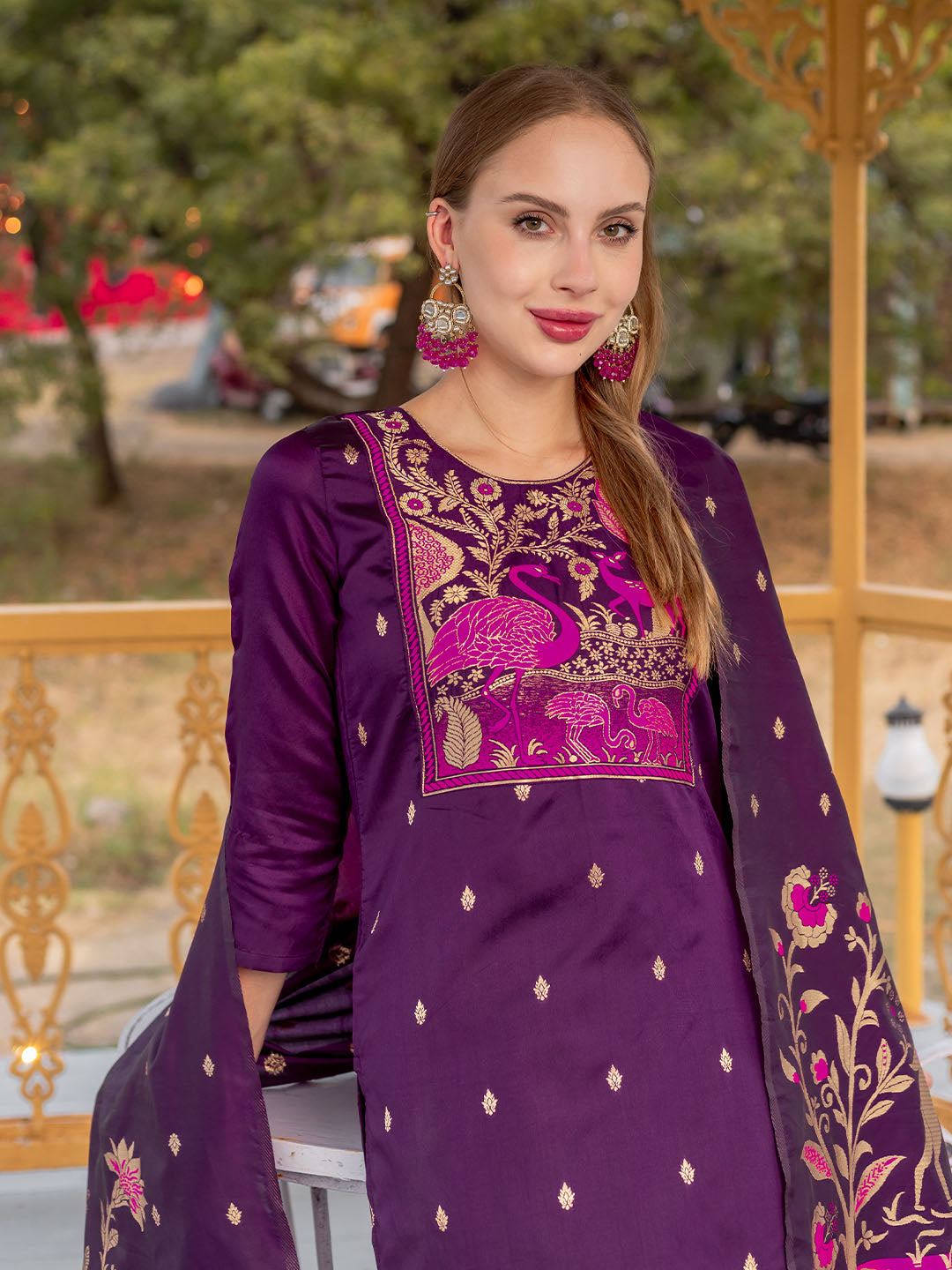 Purple Colour Polyester Blend Kurta Set