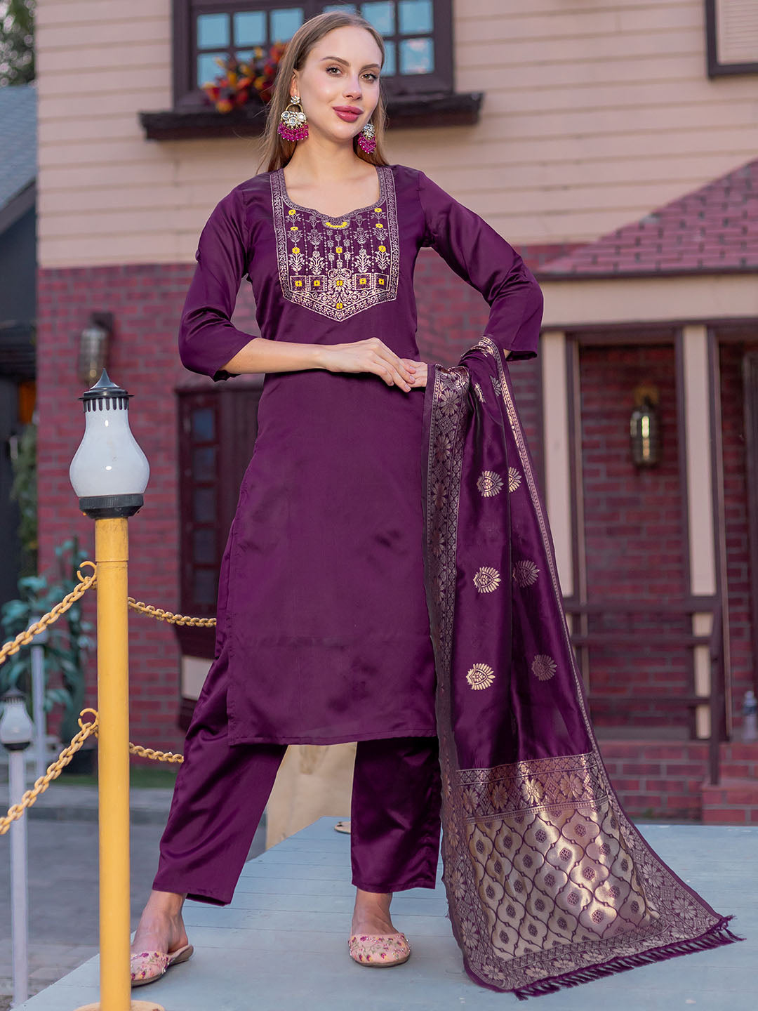 WIne Colour Polyester Blend Kurta Set