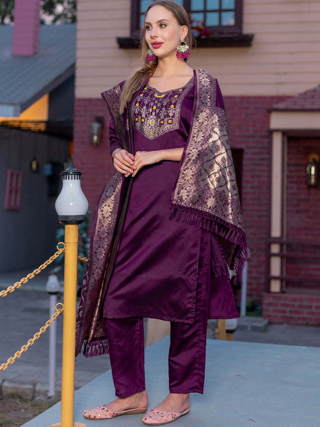 WIne Colour Polyester Blend Kurta Set