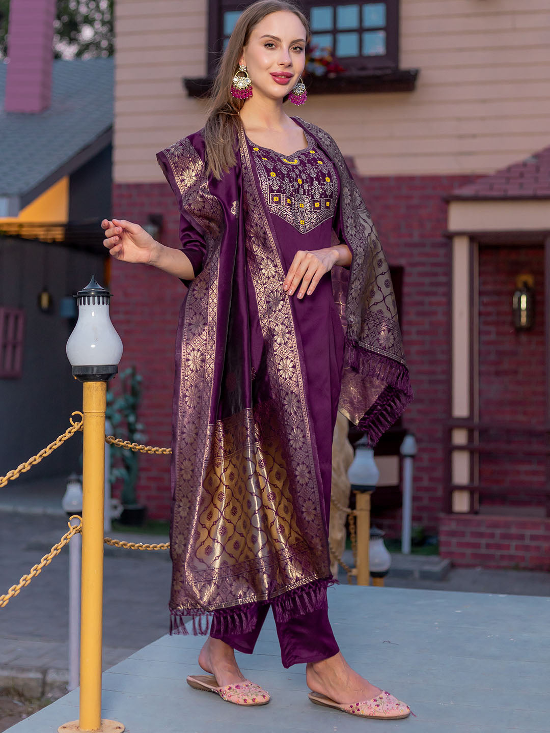 WIne Colour Polyester Blend Kurta Set