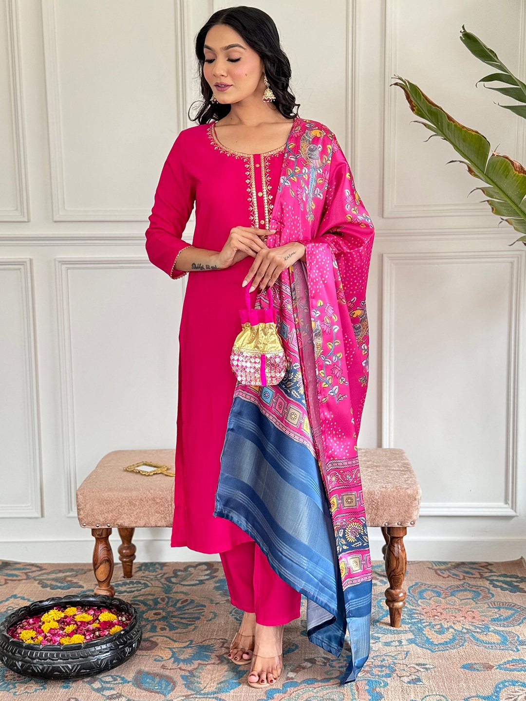 Pink Colour Viscose Embroidered Kurta Set