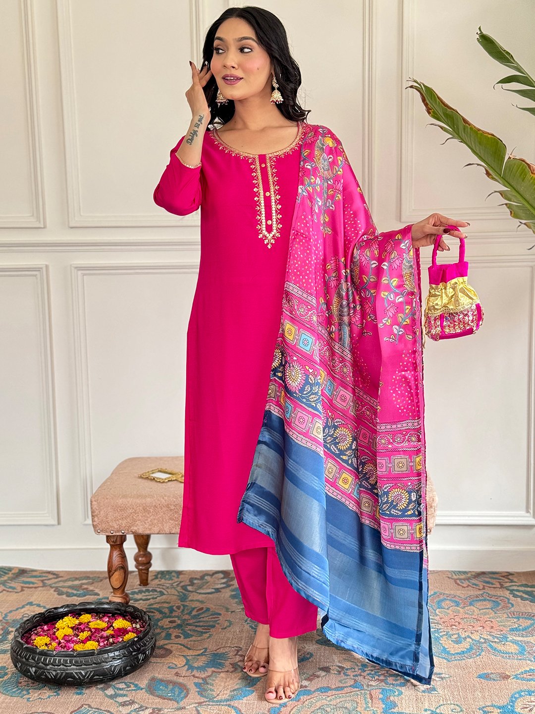 Pink Colour Viscose Embroidered Kurta Set