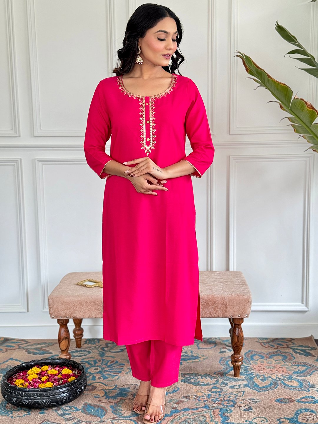 Pink Colour Viscose Embroidered Kurta Set