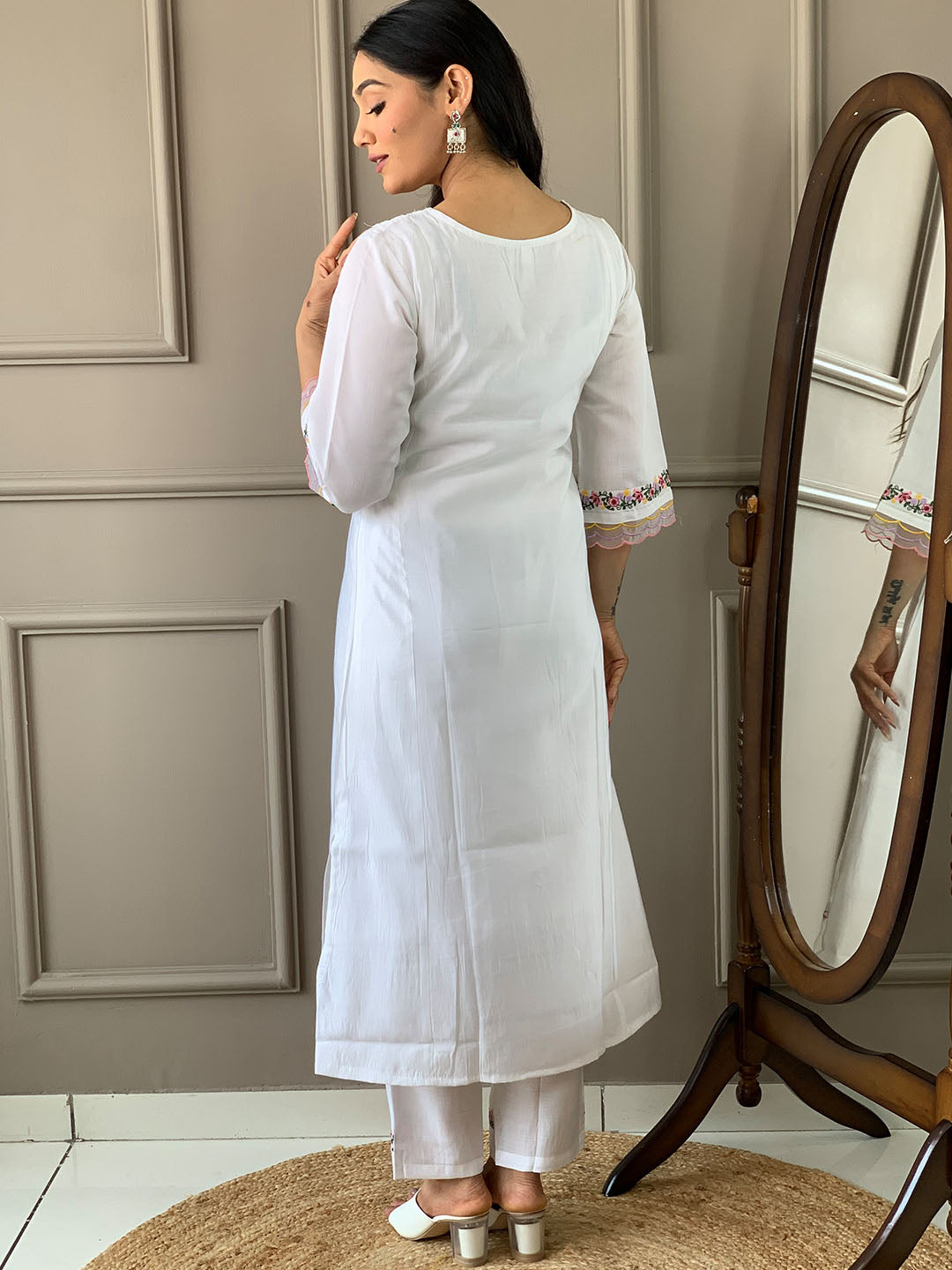 White Chanderi Silk Embroidered Kurta Set