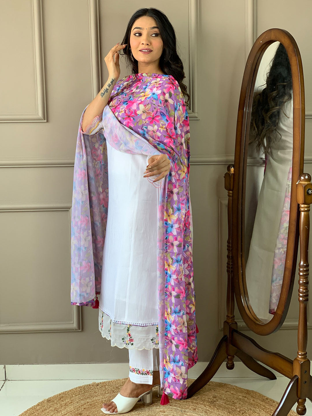 White Chanderi Silk Embroidered Kurta Set