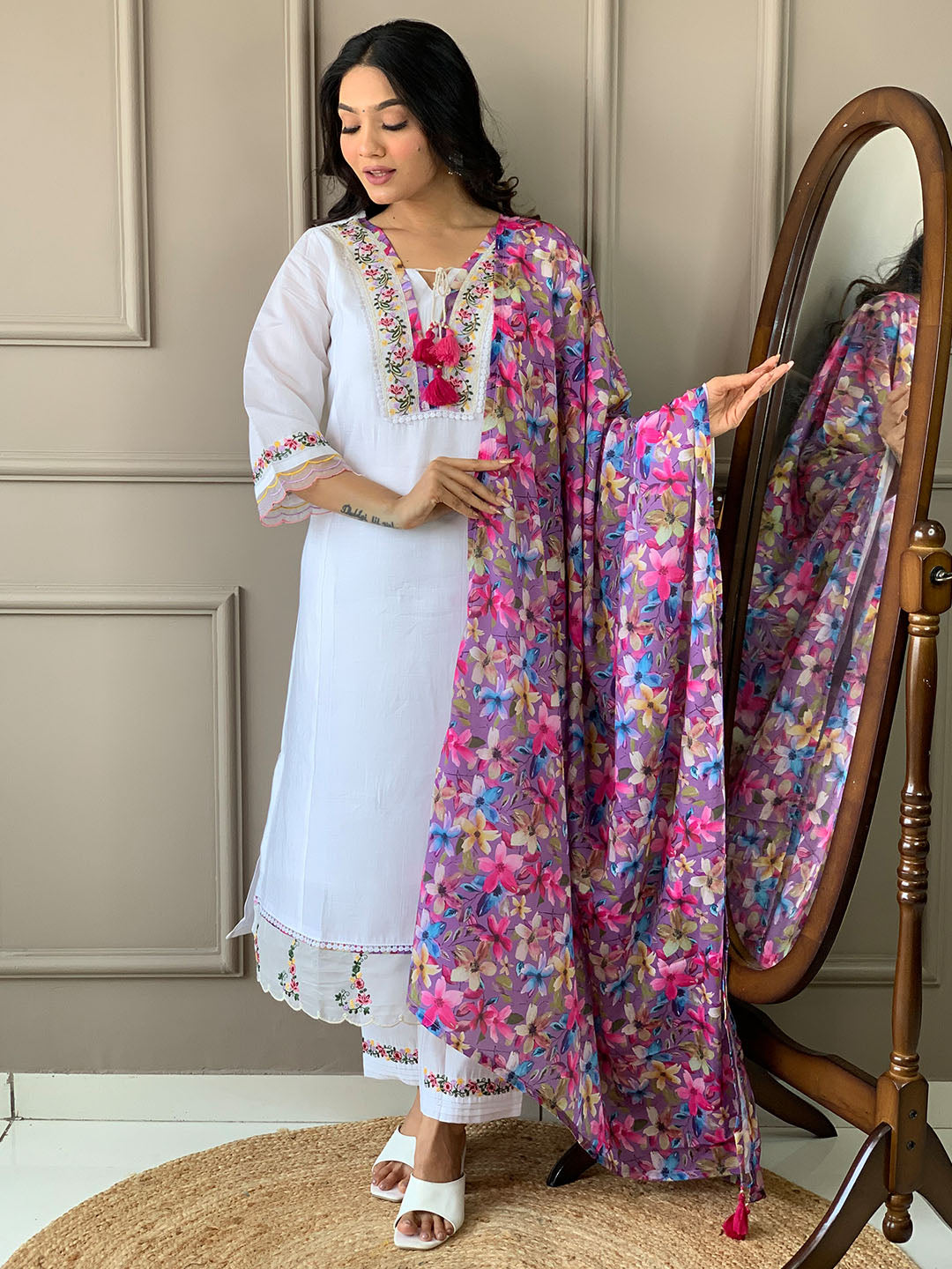 White Chanderi Silk Embroidered Kurta Set