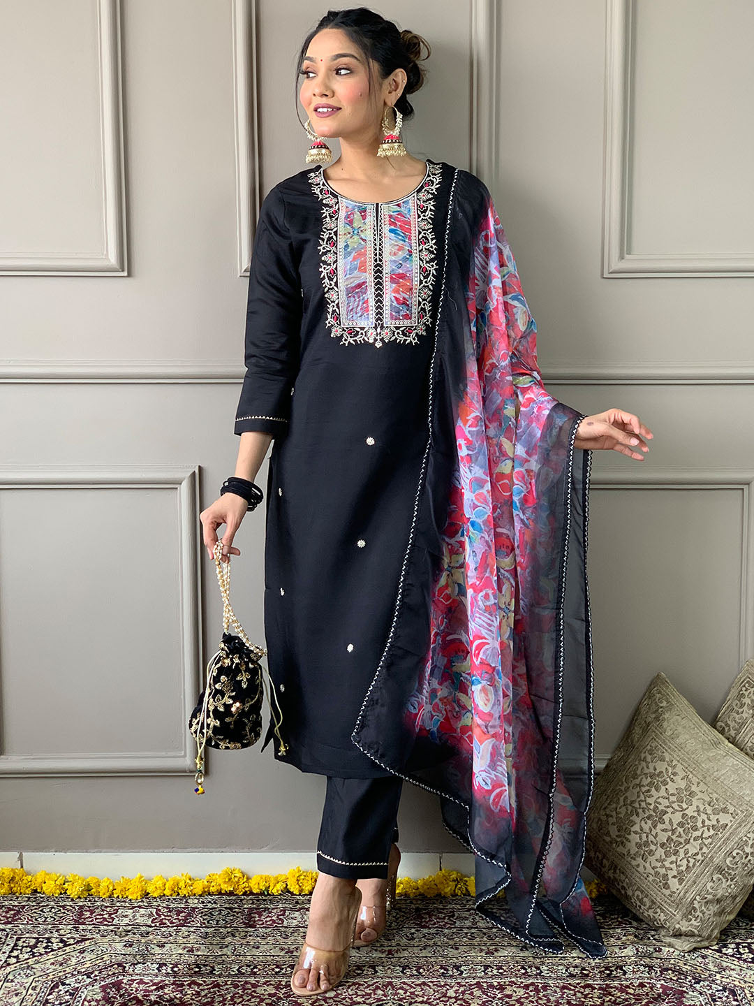 Rayon Slub Embroidered Straight Kurta Set