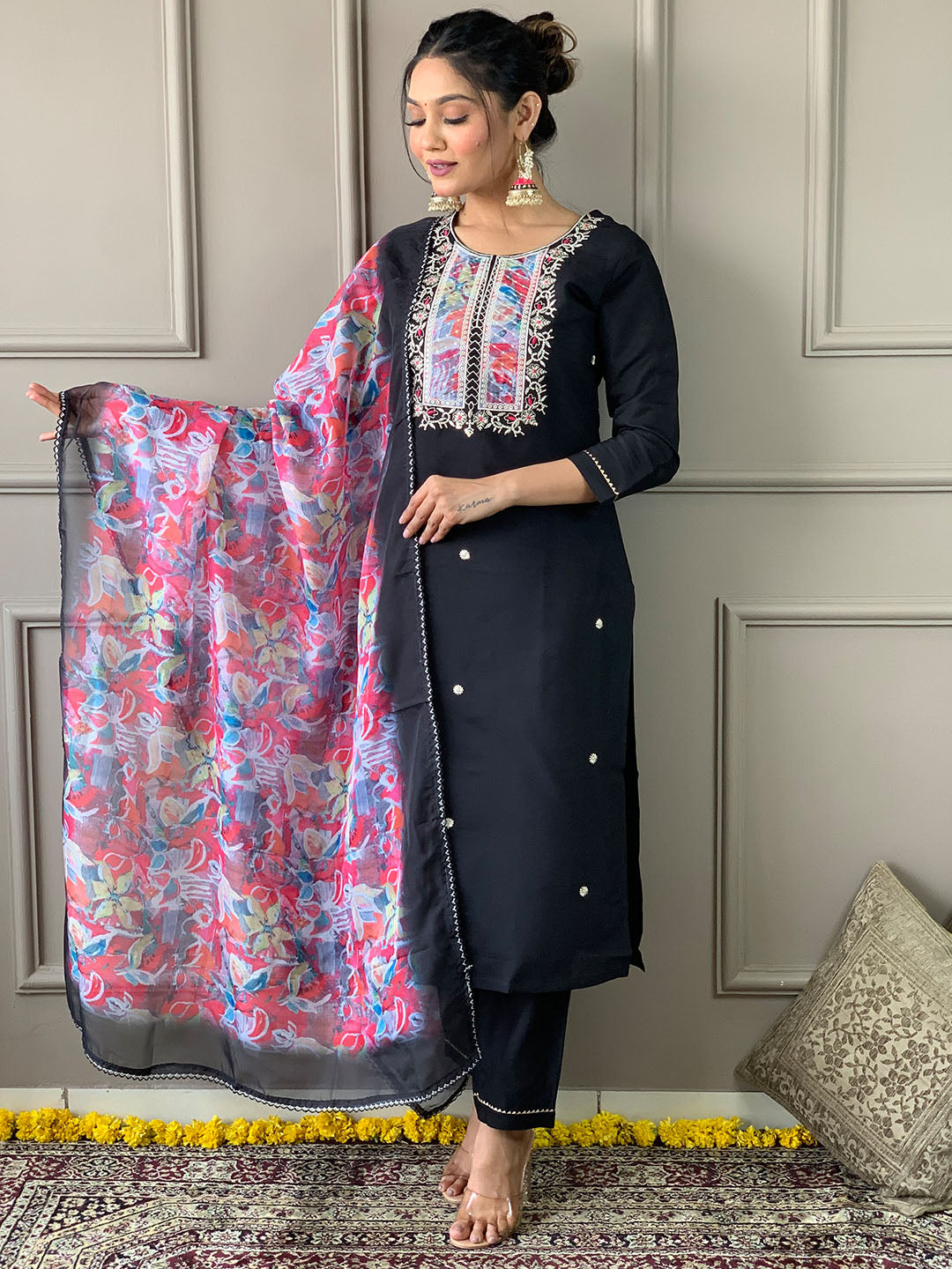 Rayon Slub Embroidered Straight Kurta Set