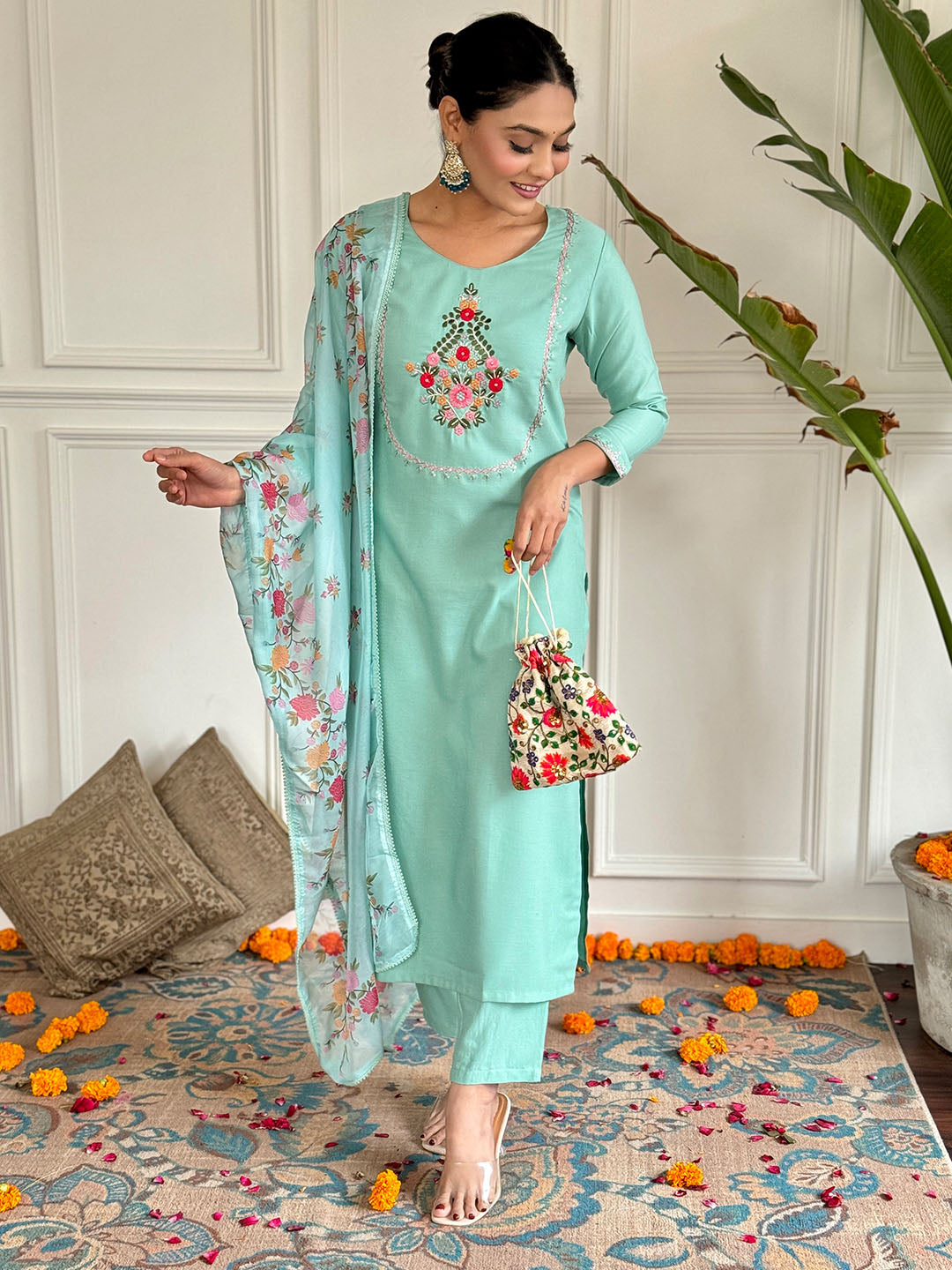 Floral Embroidered Rayon Fabric Kurta Set