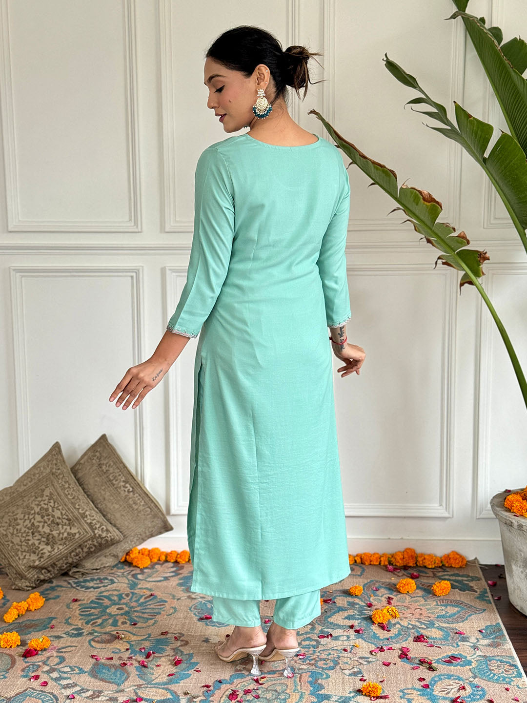 Floral Embroidered Rayon Fabric Kurta Set