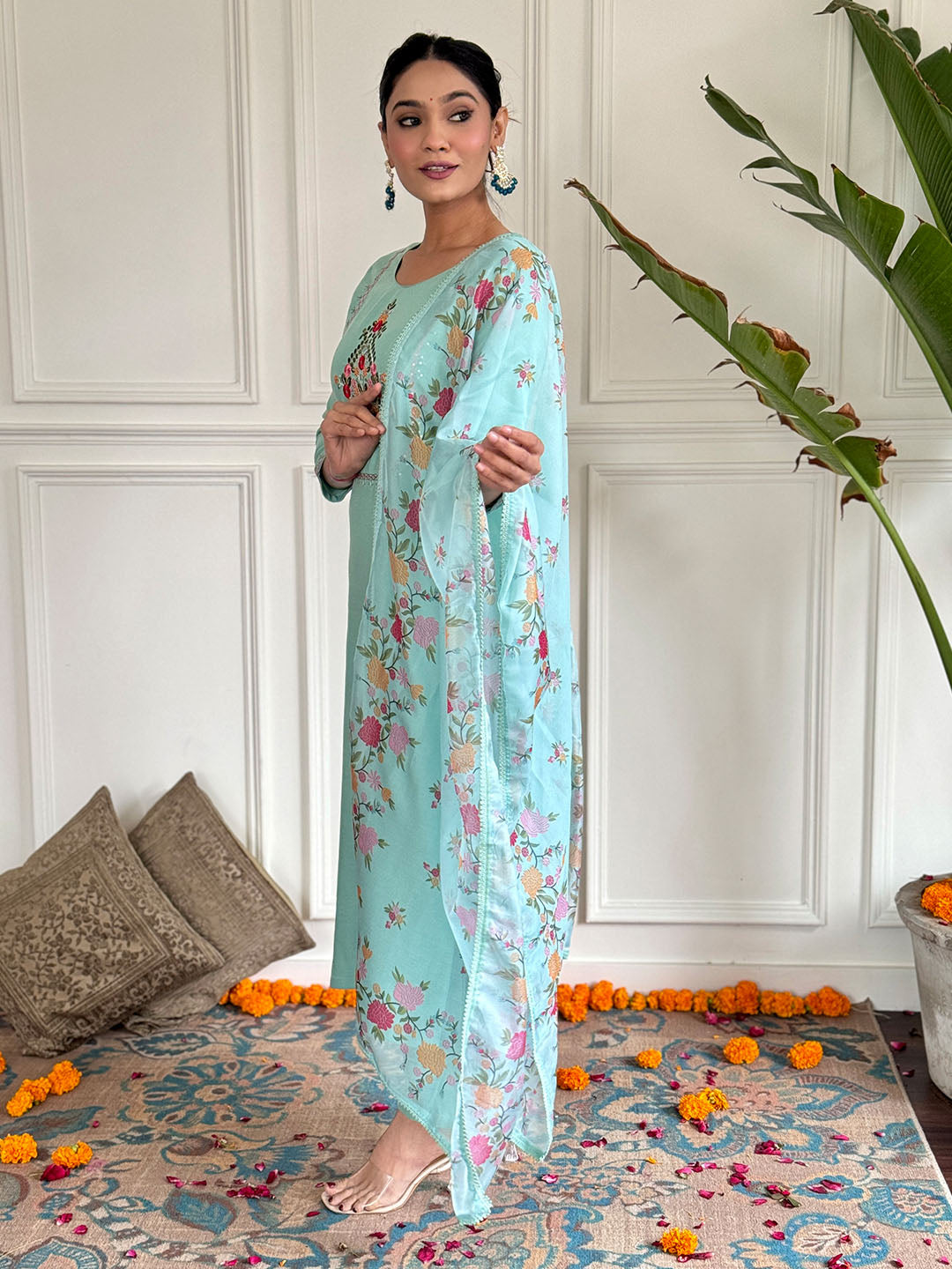 Floral Embroidered Rayon Fabric Kurta Set