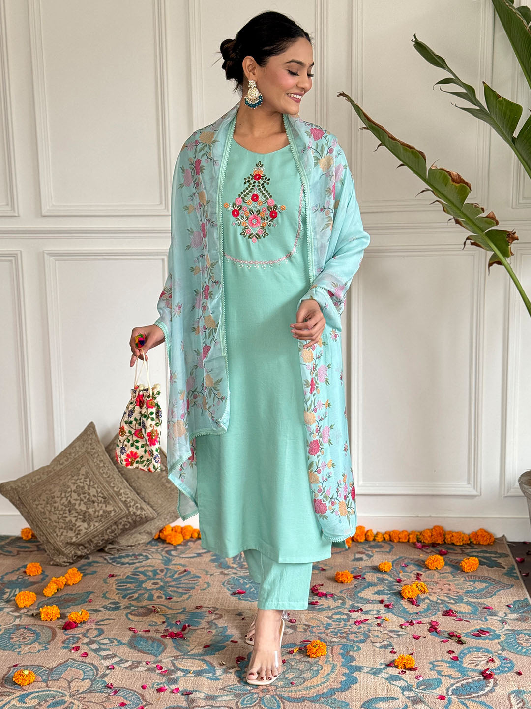 Floral Embroidered Rayon Fabric Kurta Set