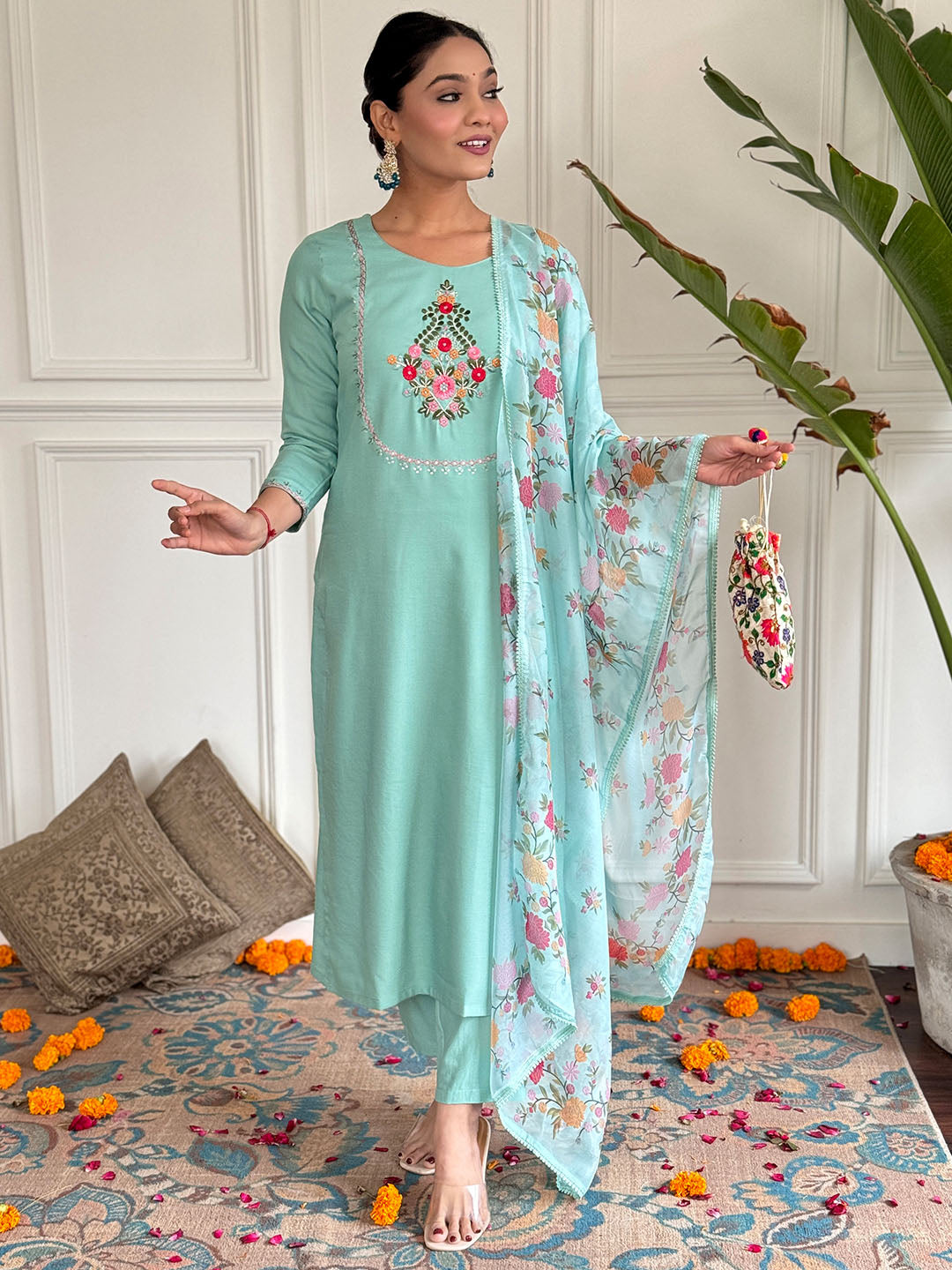 Floral Embroidered Rayon Fabric Kurta Set