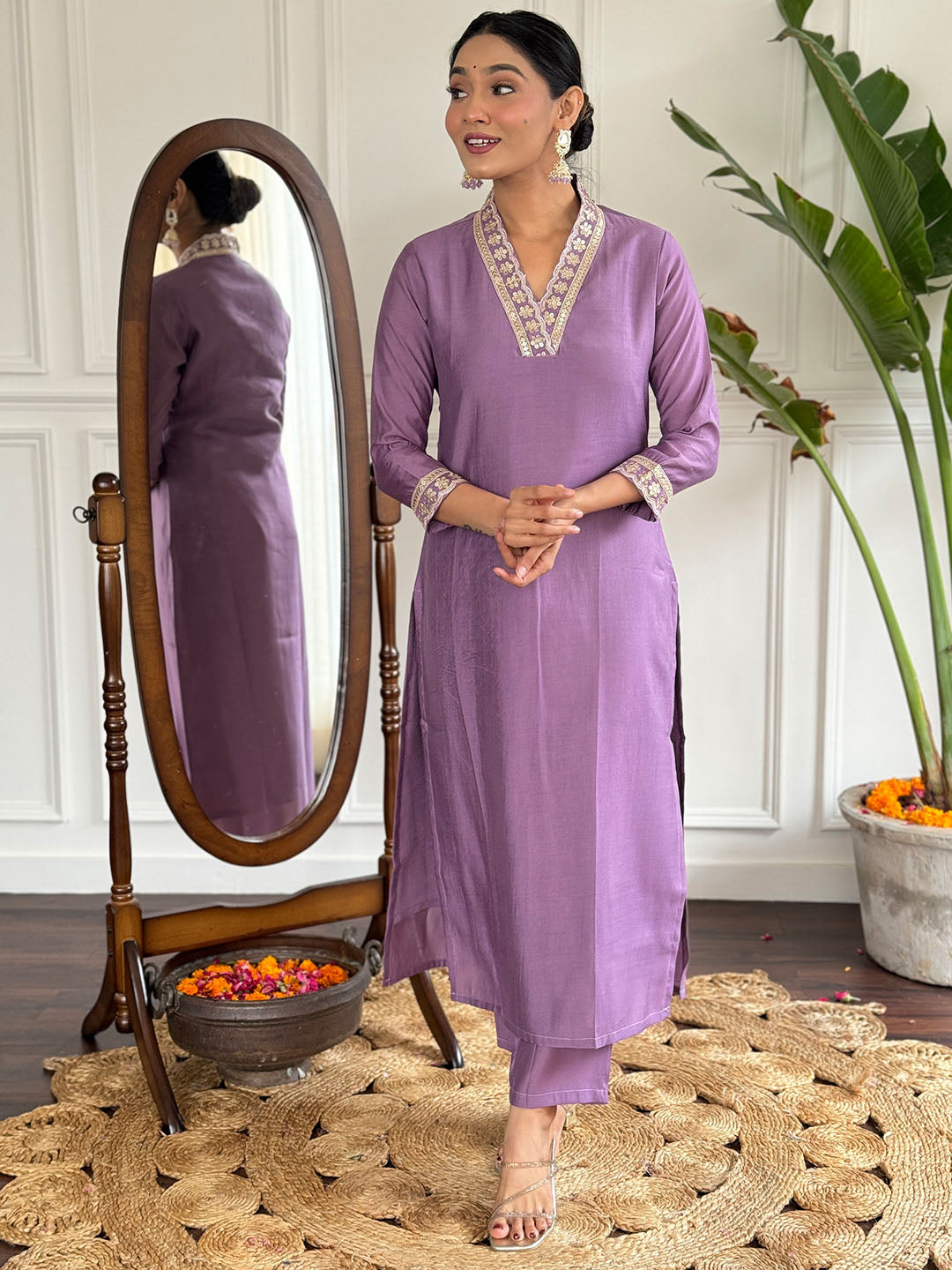 Viscose Silk Embroidered Straight Kurta Set