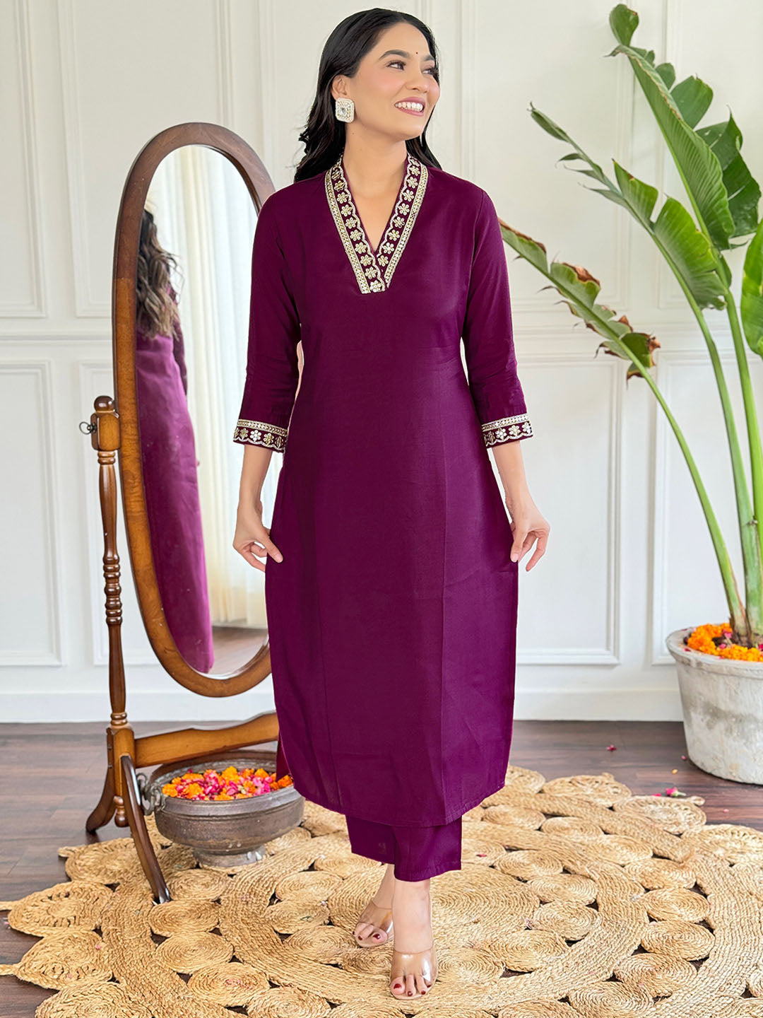 Viscose Silk Embroidered Straight Kurta Set