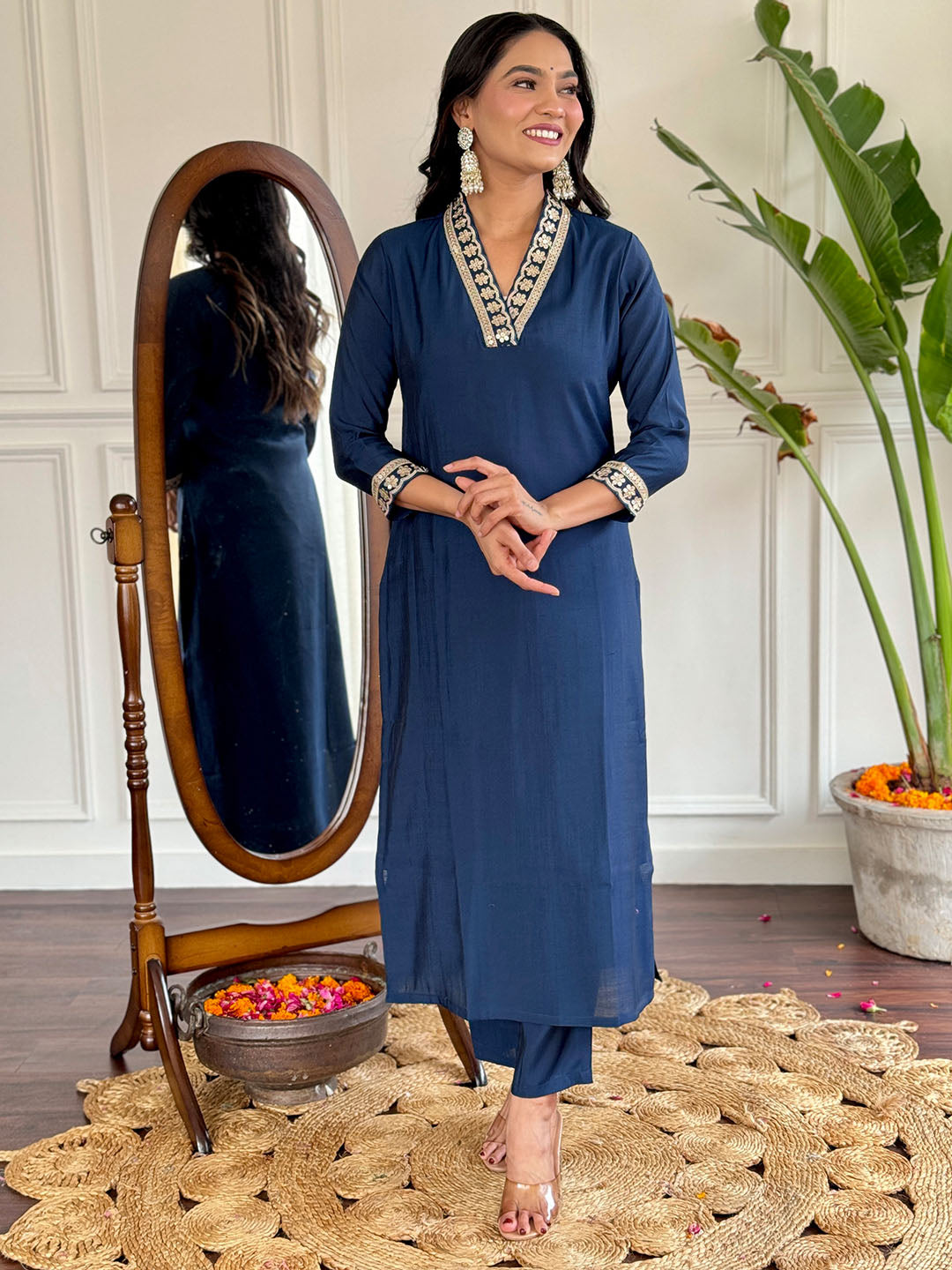 Viscose Silk Embroidered Straight Kurta Set