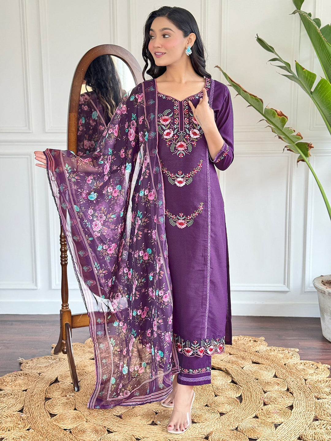 Chanderi Kurta With Bottom & Dupatta Set