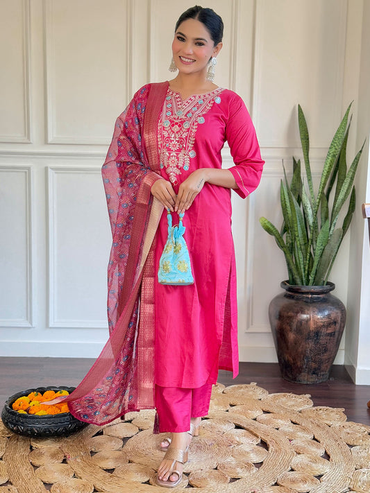 Pink Colour Embroidered Chanderi Kurta Set