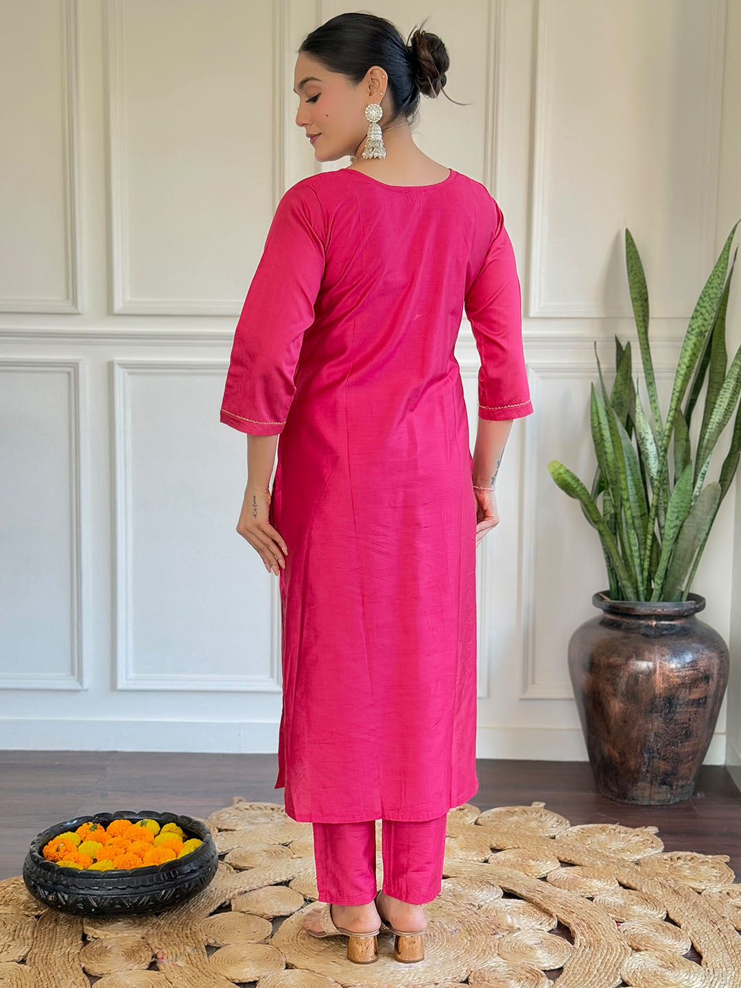 Pink Colour Embroidered Chanderi Kurta Set