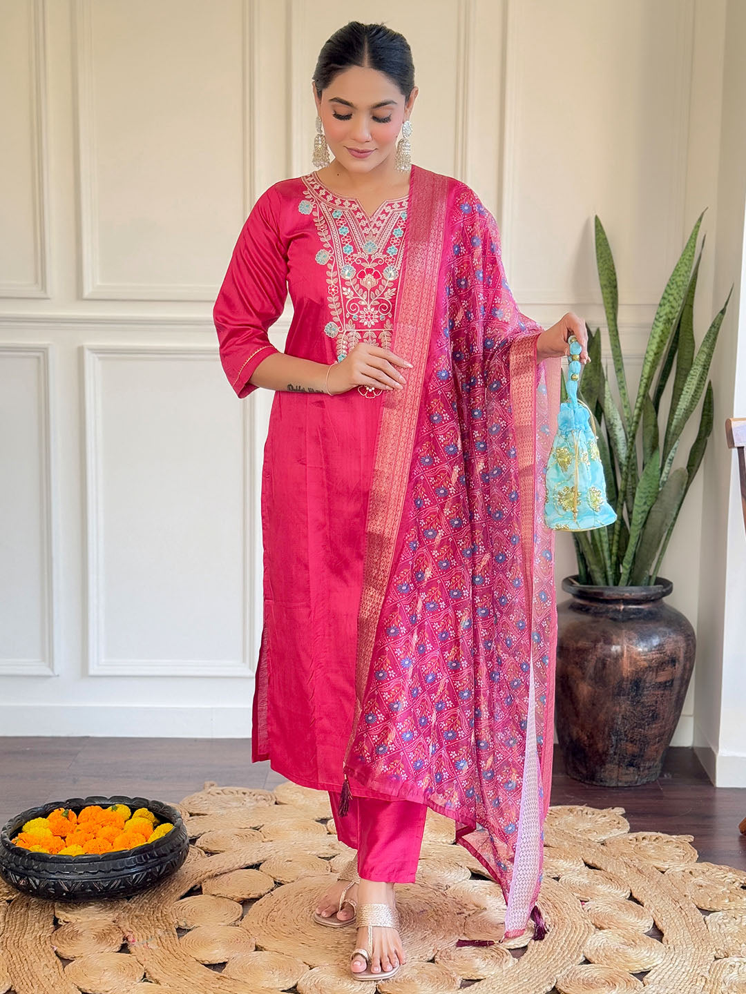 Pink Colour Embroidered Chanderi Kurta Set